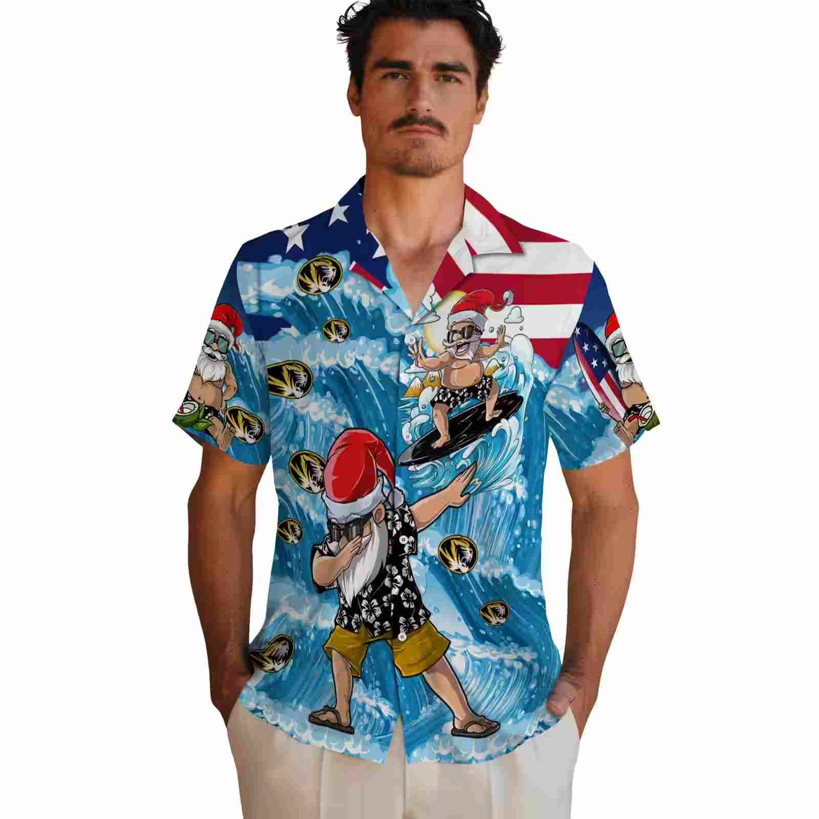 missouri tigers surfing santa blue hawaiian shirt fashion forward