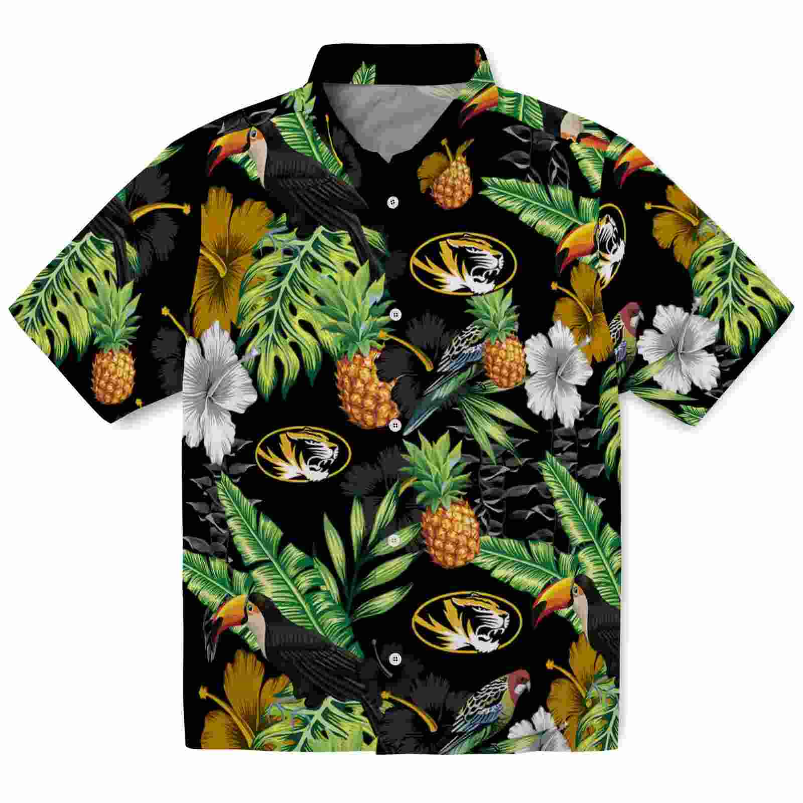 Missouri Tigers Toucan Hibiscus Pineapple Black Green Hawaiian Shirt