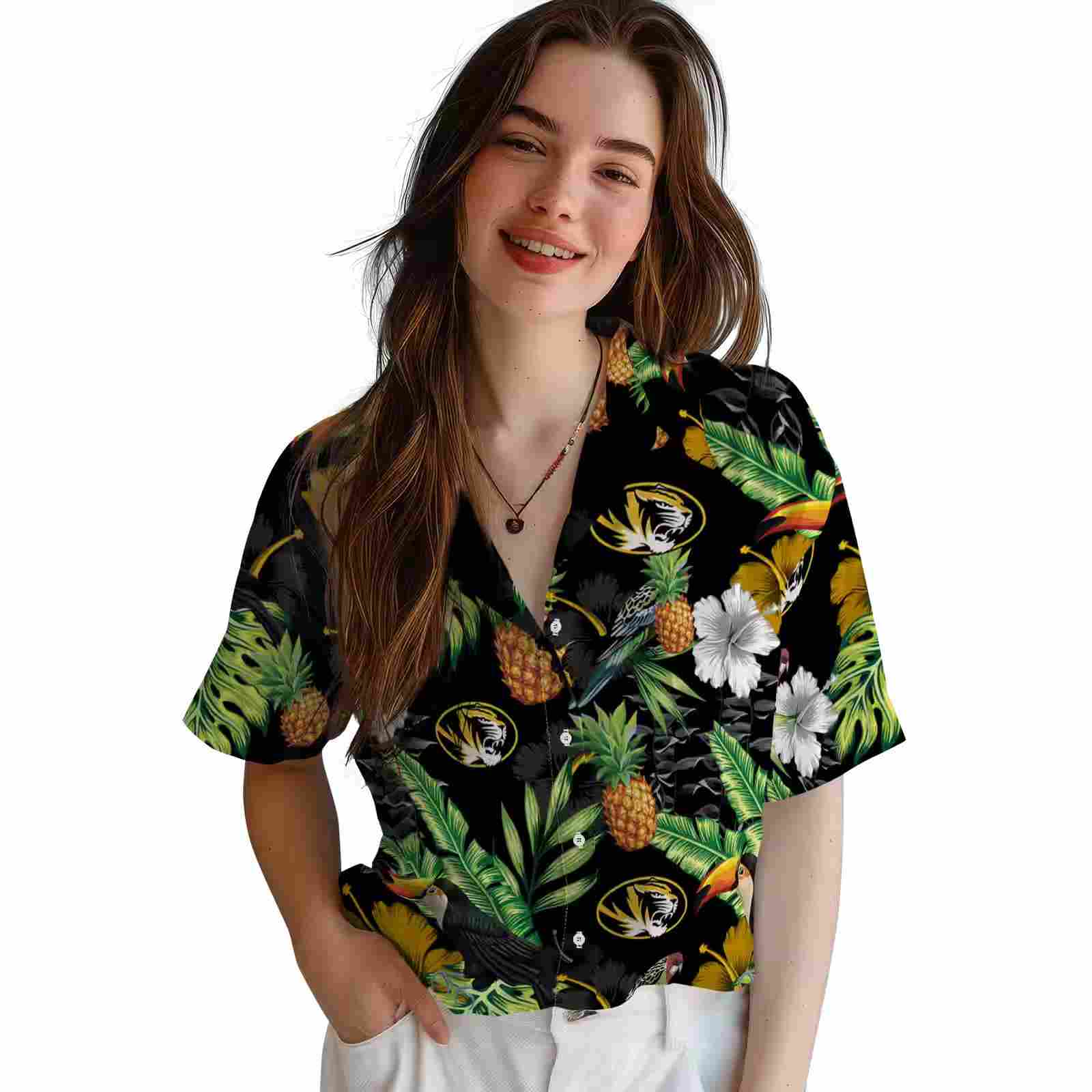 missouri tigers toucan hibiscus pineapple black green hawaiian shirt latest model