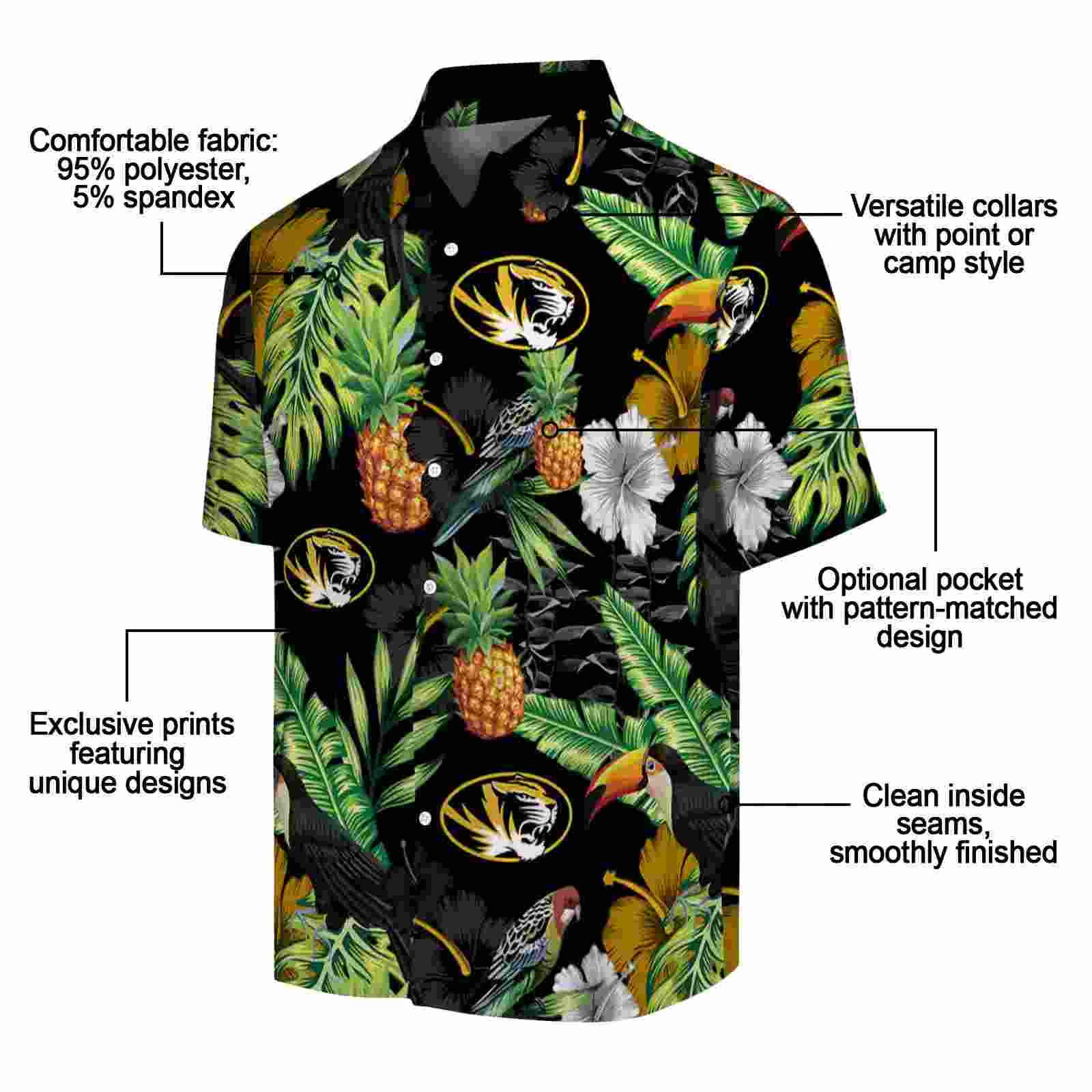 missouri tigers toucan hibiscus pineapple black green hawaiian shirt new arrival