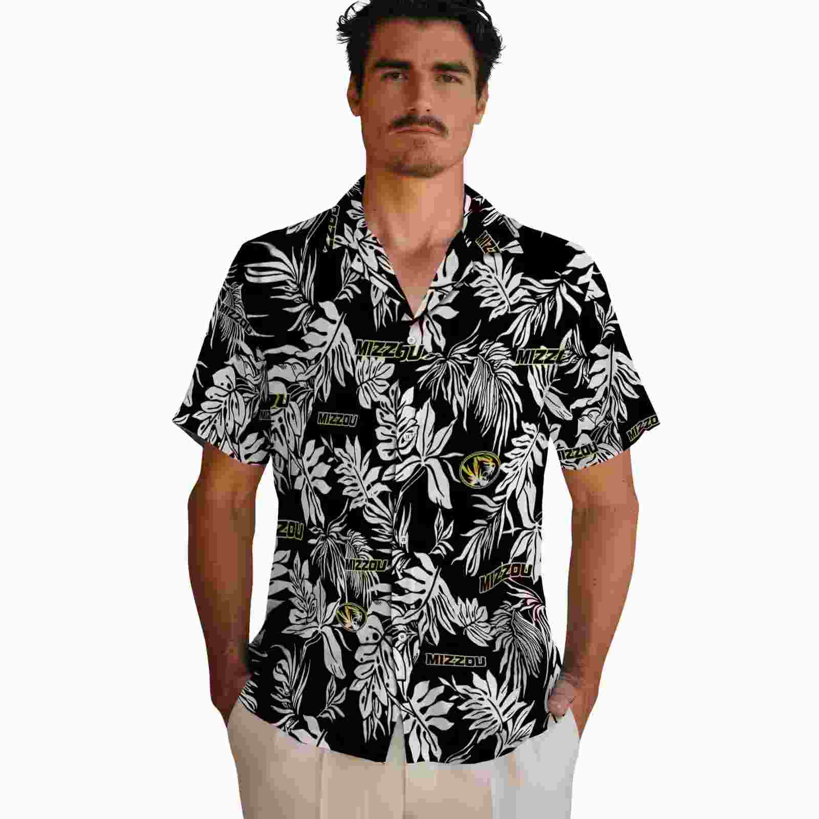 missouri tigers tropical leaf black white hawaiian shirt fashion forward