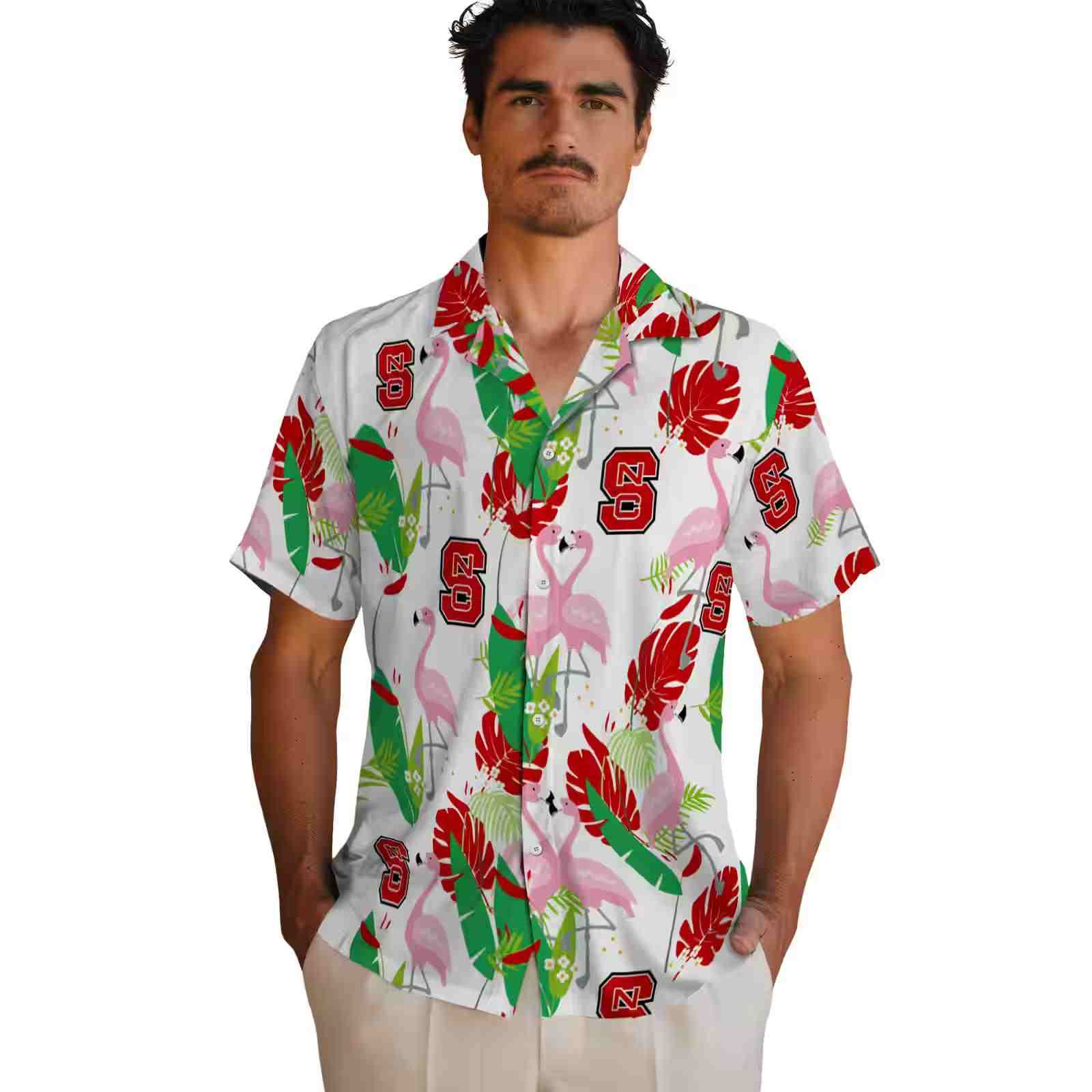 nc state wolfpack flamingo foliage red green hawaiian shirt fashion forward