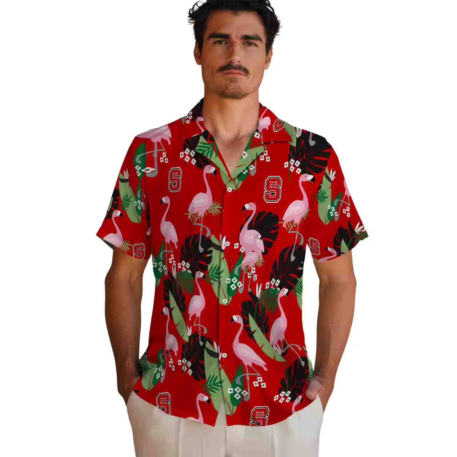 nc state wolfpack flamingo leaf motif red hawaiian shirt fashion forward