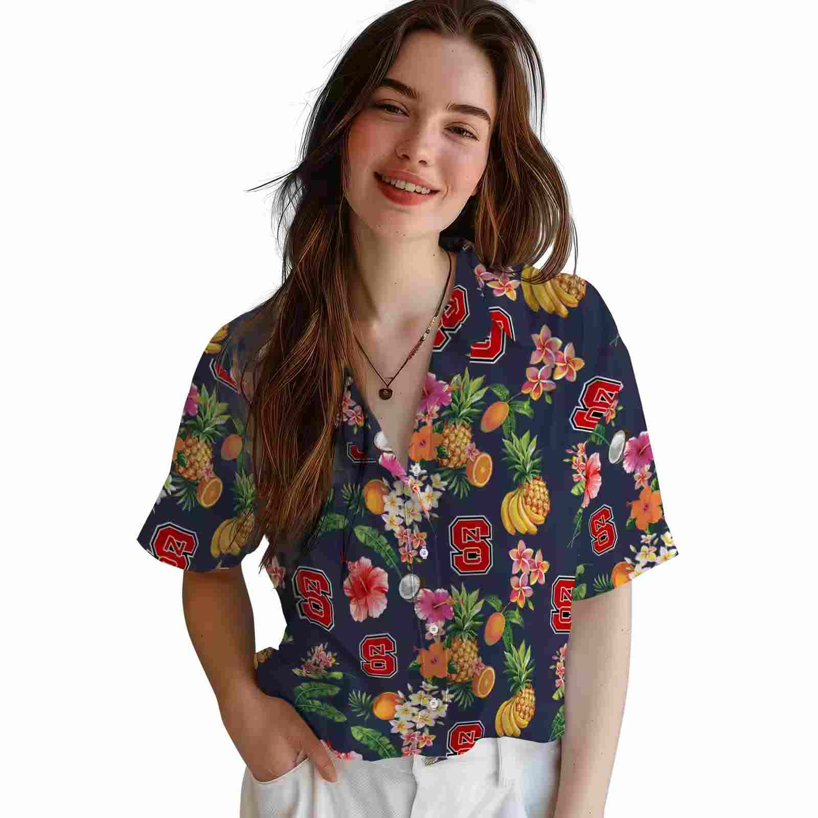 nc state wolfpack hibiscus and fruit navy blue hawaiian shirt latest model