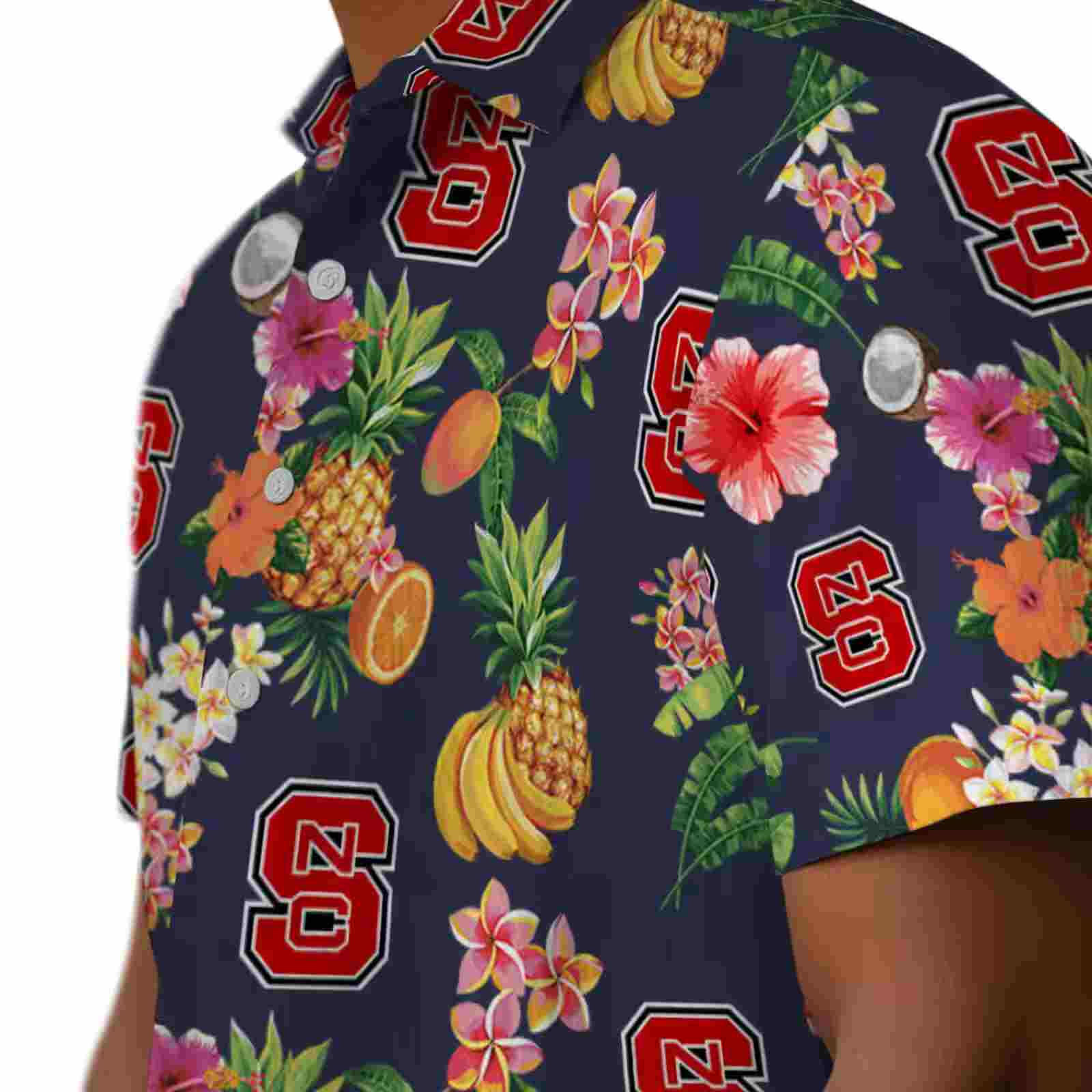 nc state wolfpack hibiscus and fruit navy blue hawaiian shirt trendy