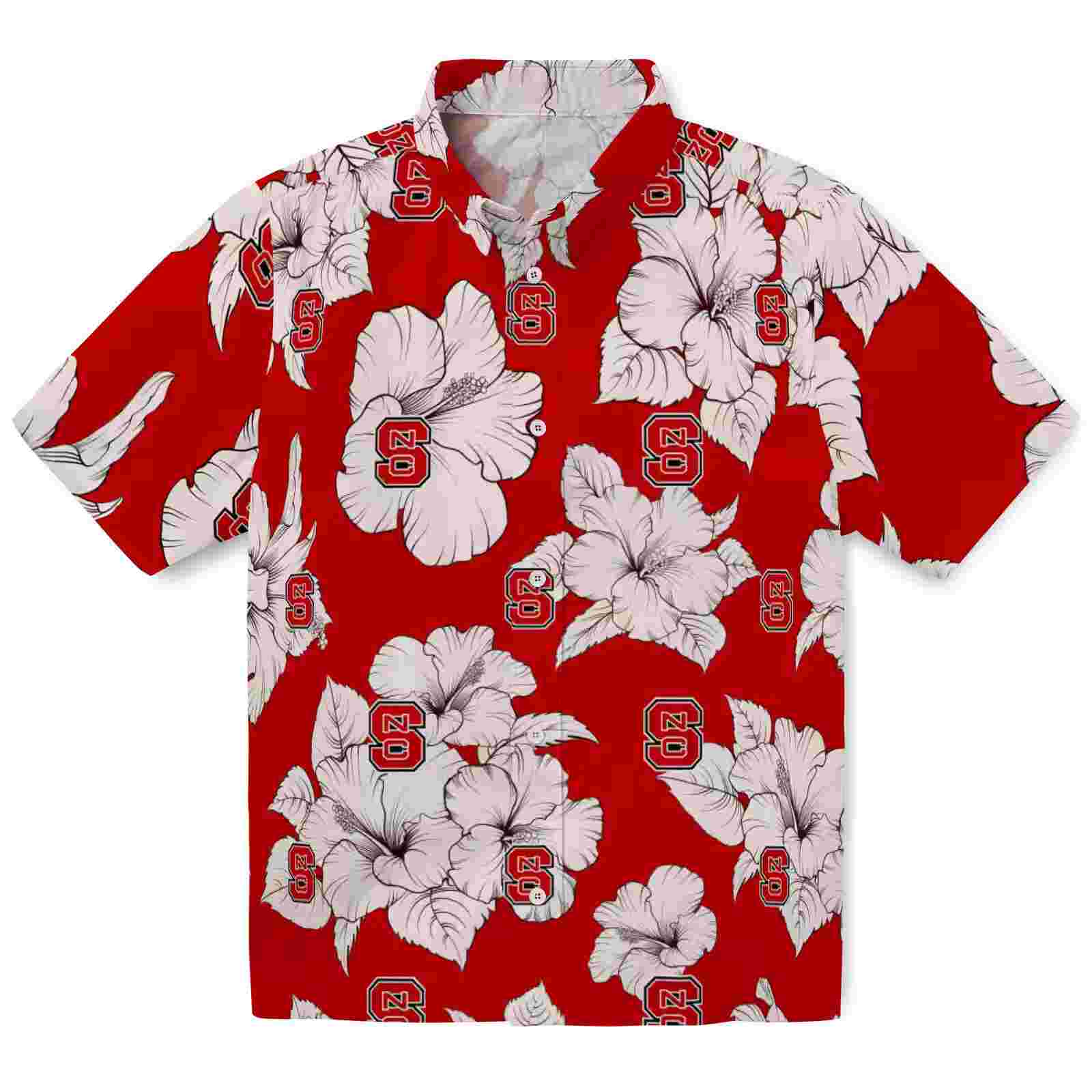 NC State Wolfpack Hibiscus Blooms Red White Hawaiian Shirt