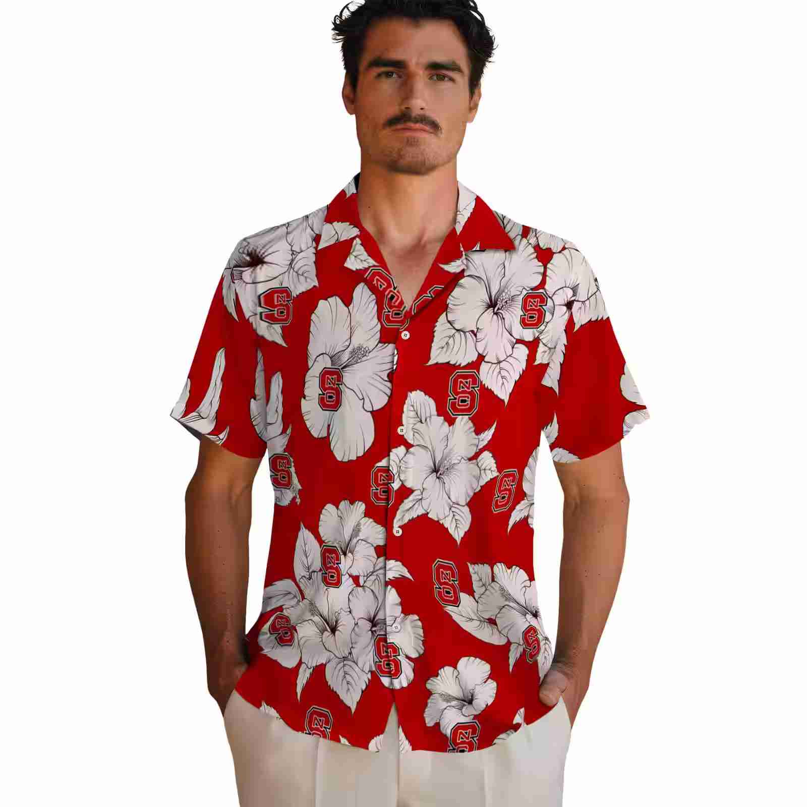 nc state wolfpack hibiscus blooms red white hawaiian shirt fashion forward