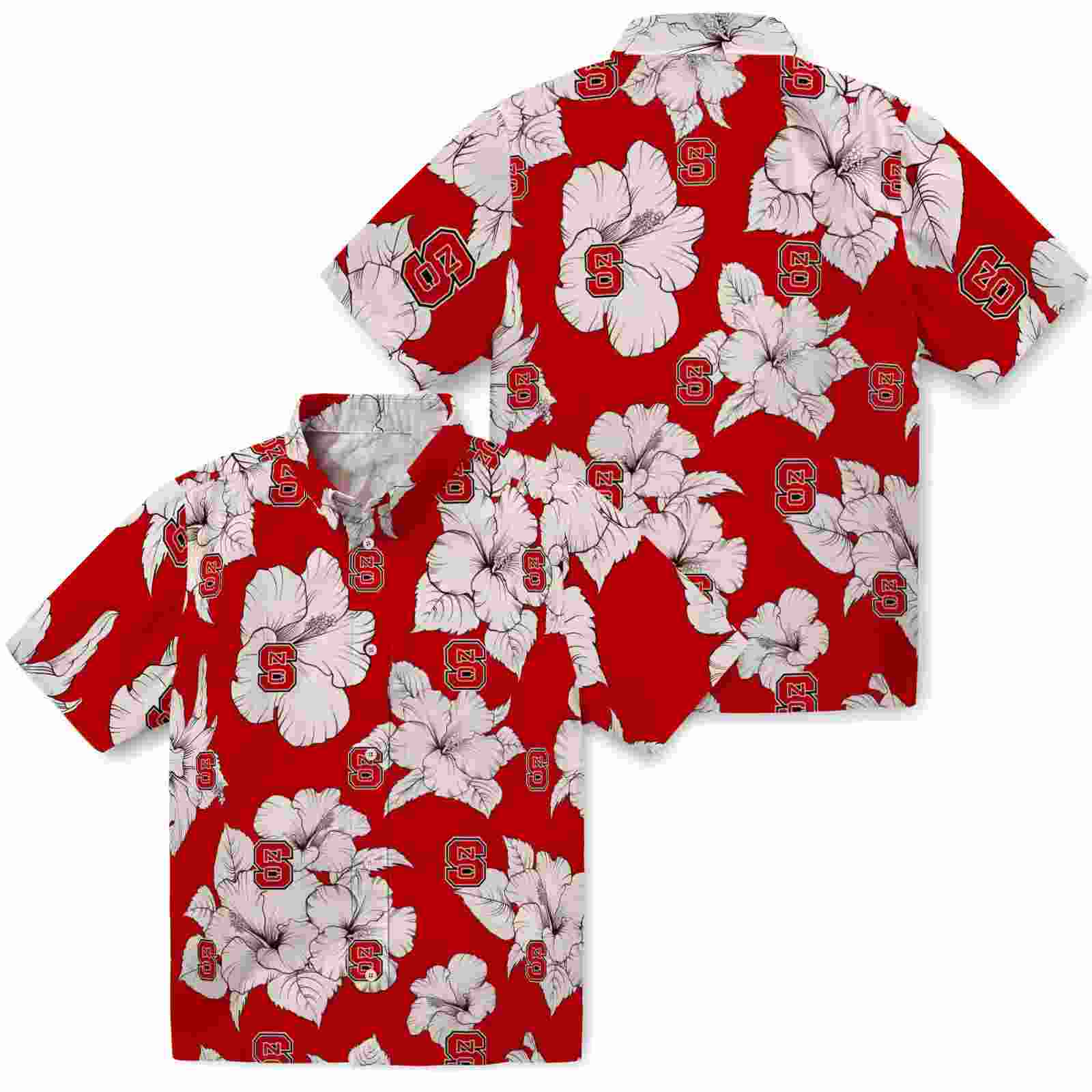 nc state wolfpack hibiscus blooms red white hawaiian shirt high quality