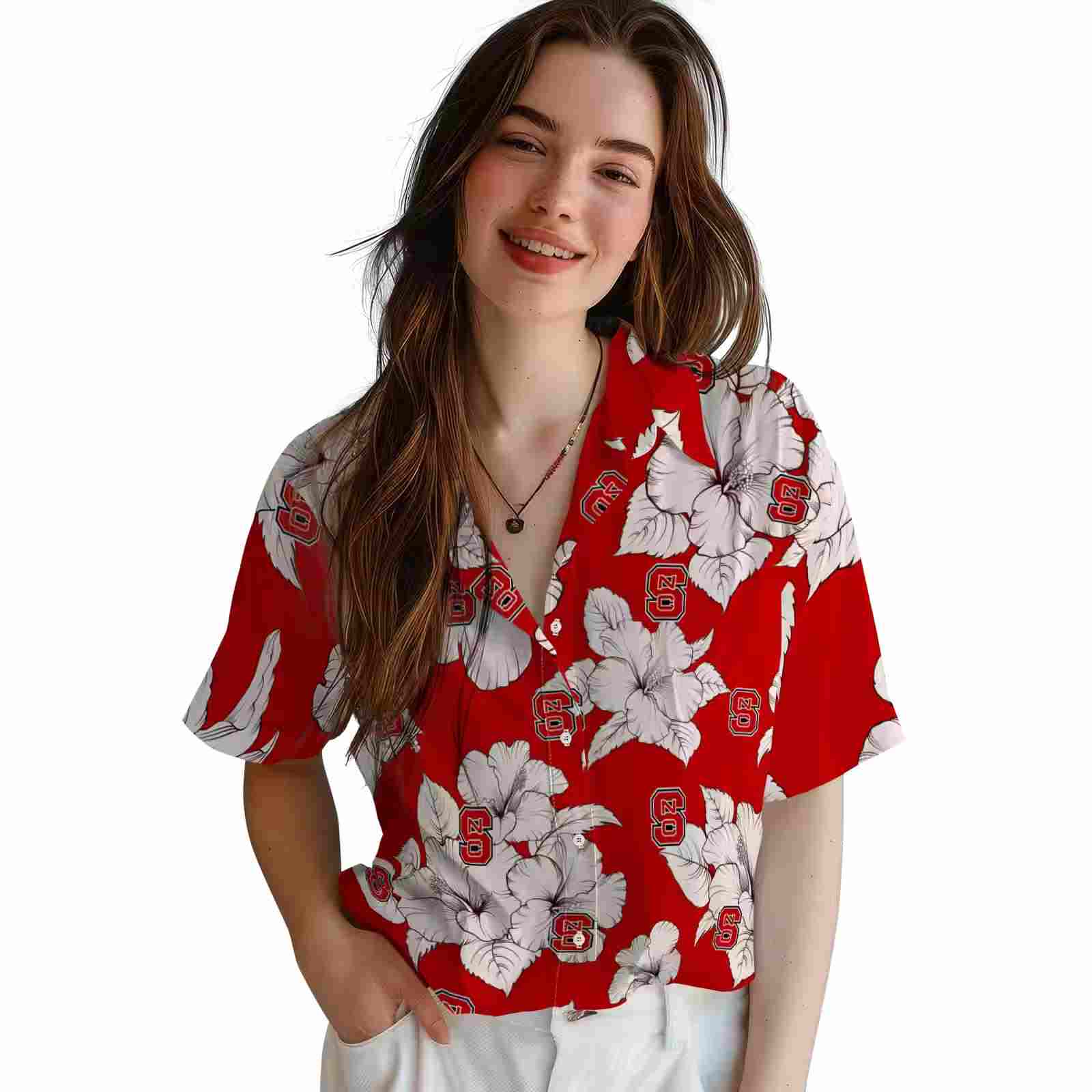 nc state wolfpack hibiscus blooms red white hawaiian shirt latest model