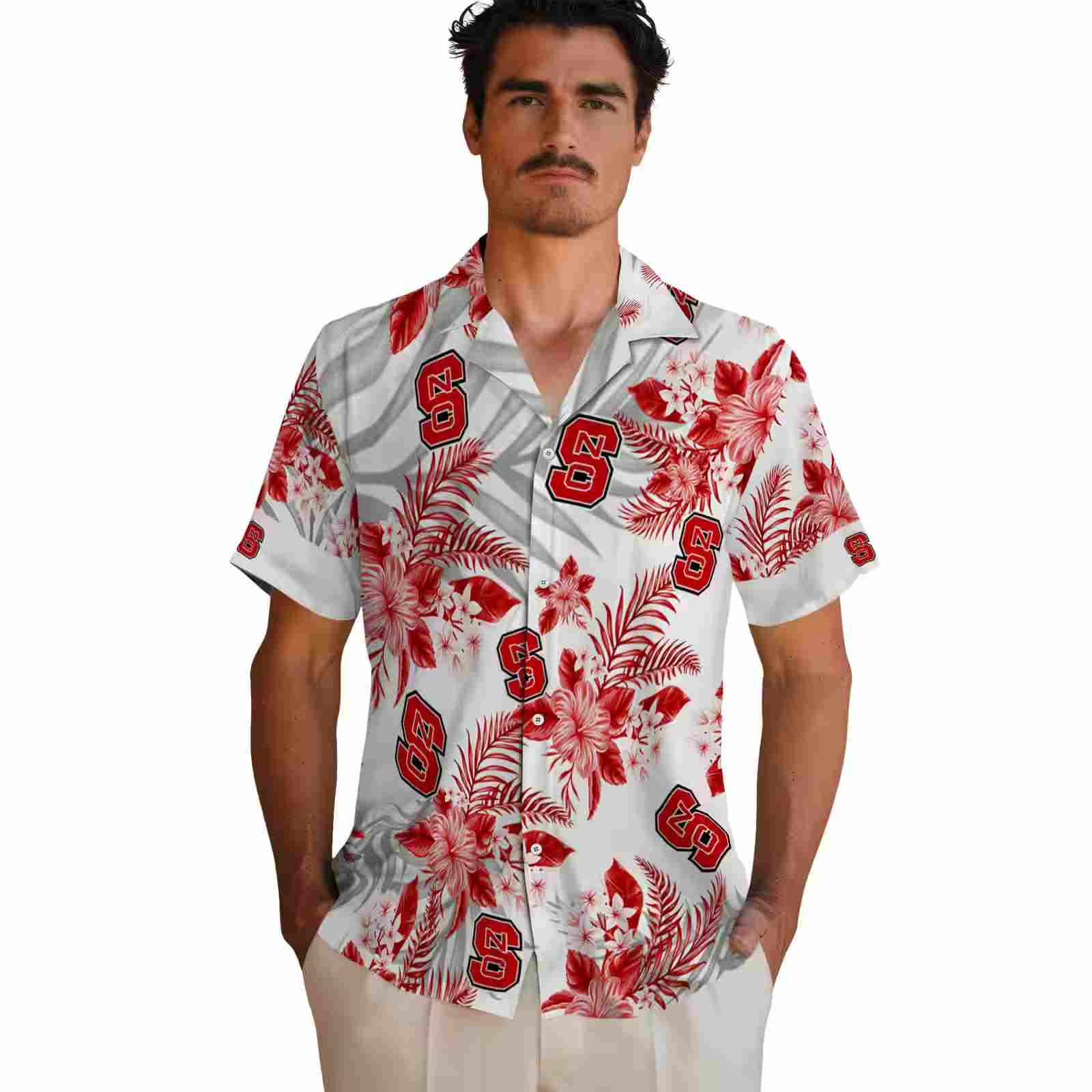 nc state wolfpack hibiscus palm leaves red white hawaiian shirt fashion forward