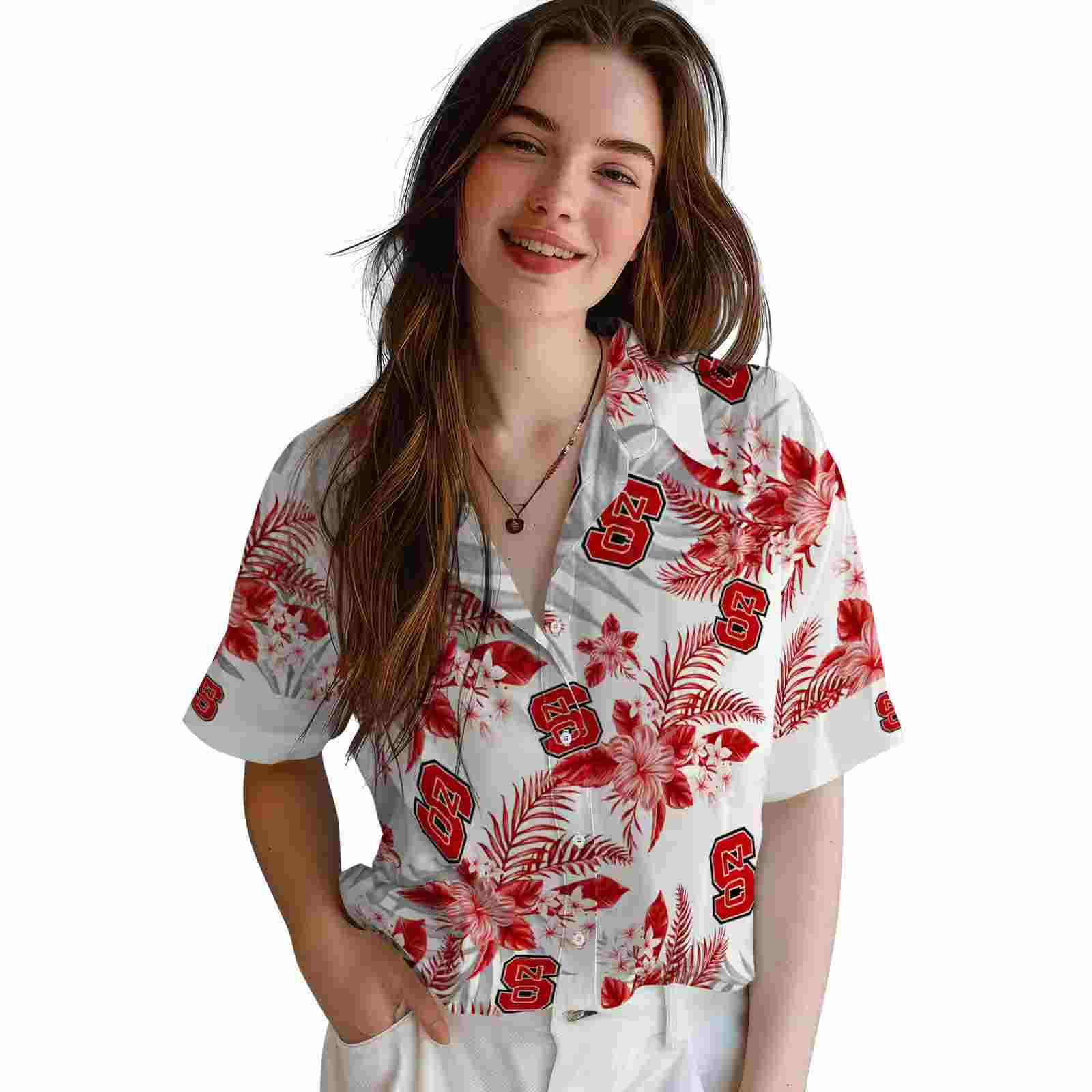 nc state wolfpack hibiscus palm leaves red white hawaiian shirt latest model