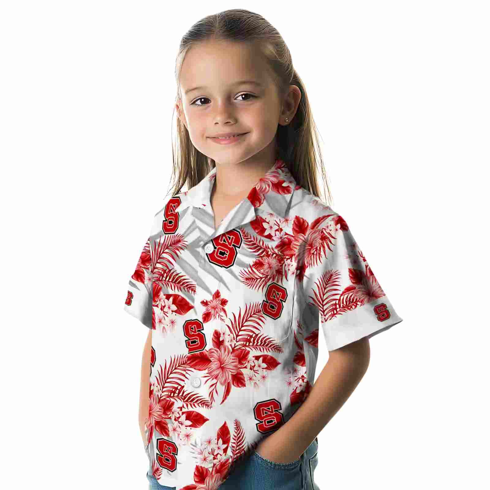 nc state wolfpack hibiscus palm leaves red white hawaiian shirt premium grade