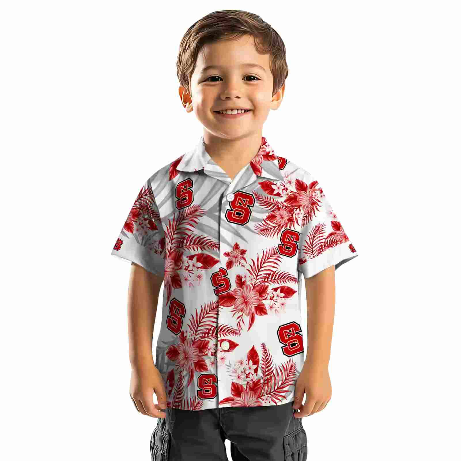 nc state wolfpack hibiscus palm leaves red white hawaiian shirt top rated