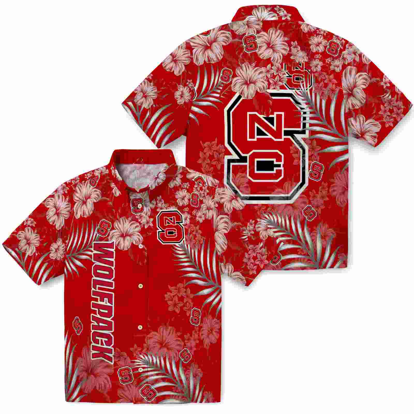 nc state wolfpack hibiscus print red hawaiian shirt high quality