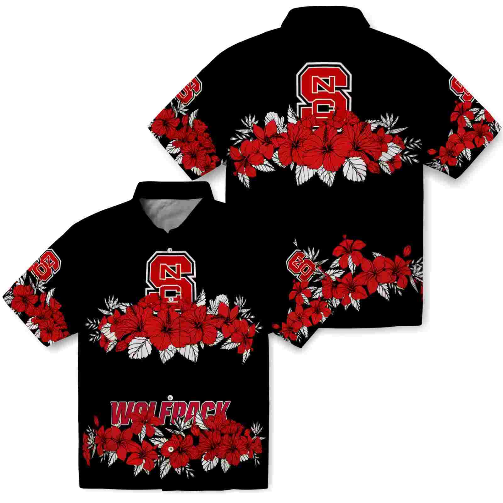 nc state wolfpack hibiscus stripe red black hawaiian shirt high quality