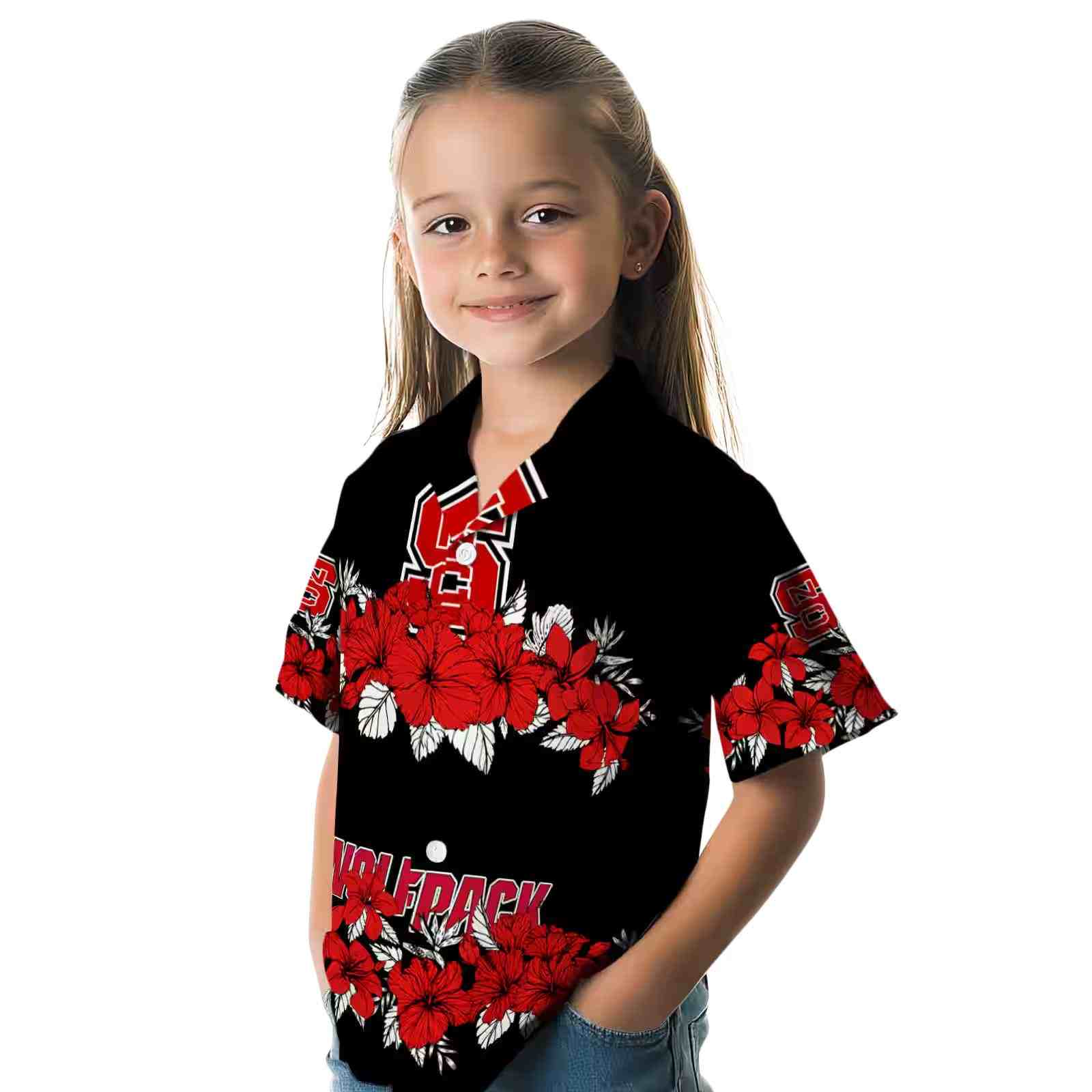 nc state wolfpack hibiscus stripe red black hawaiian shirt premium grade