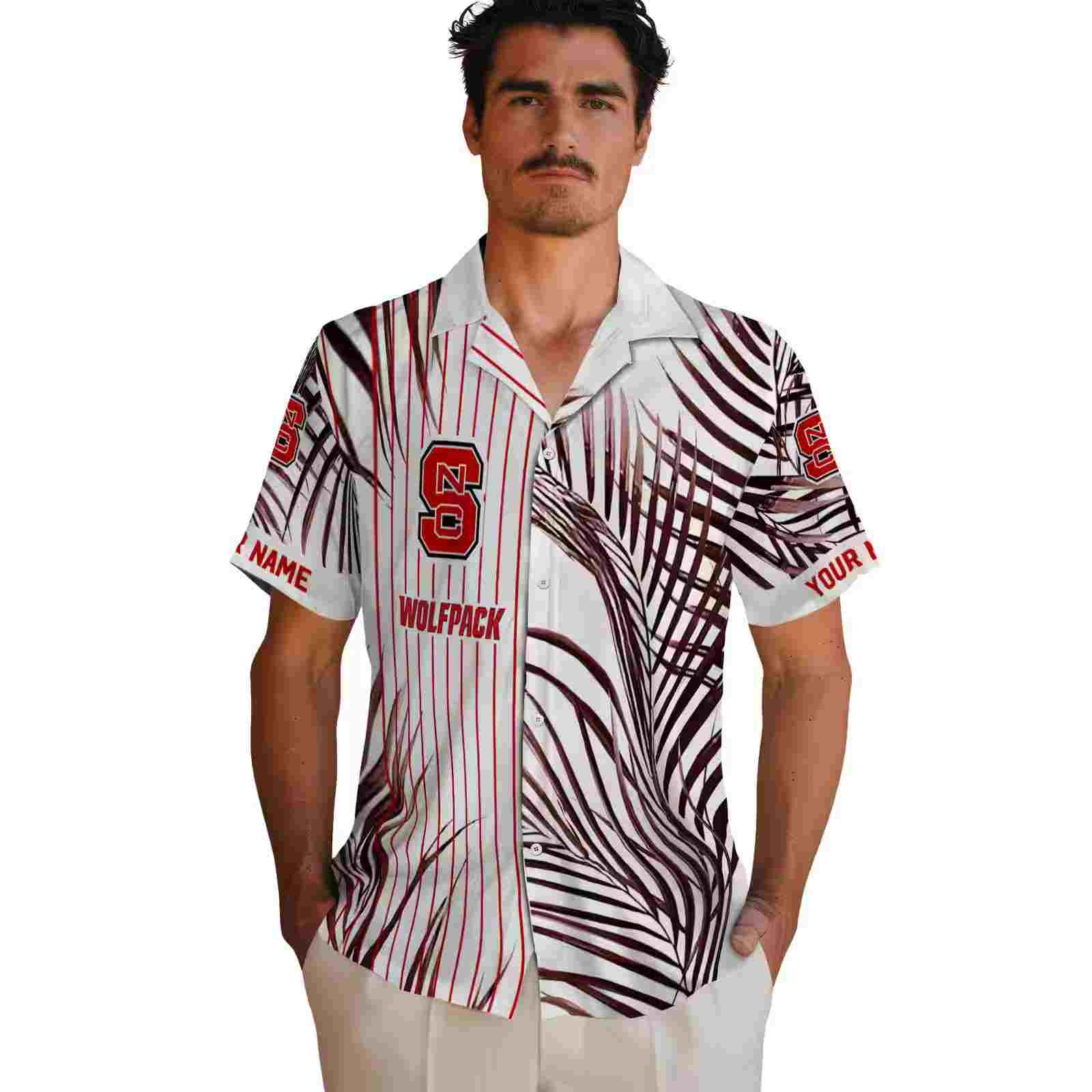 nc state wolfpack palm stripes red black white hawaiian shirt fashion forward