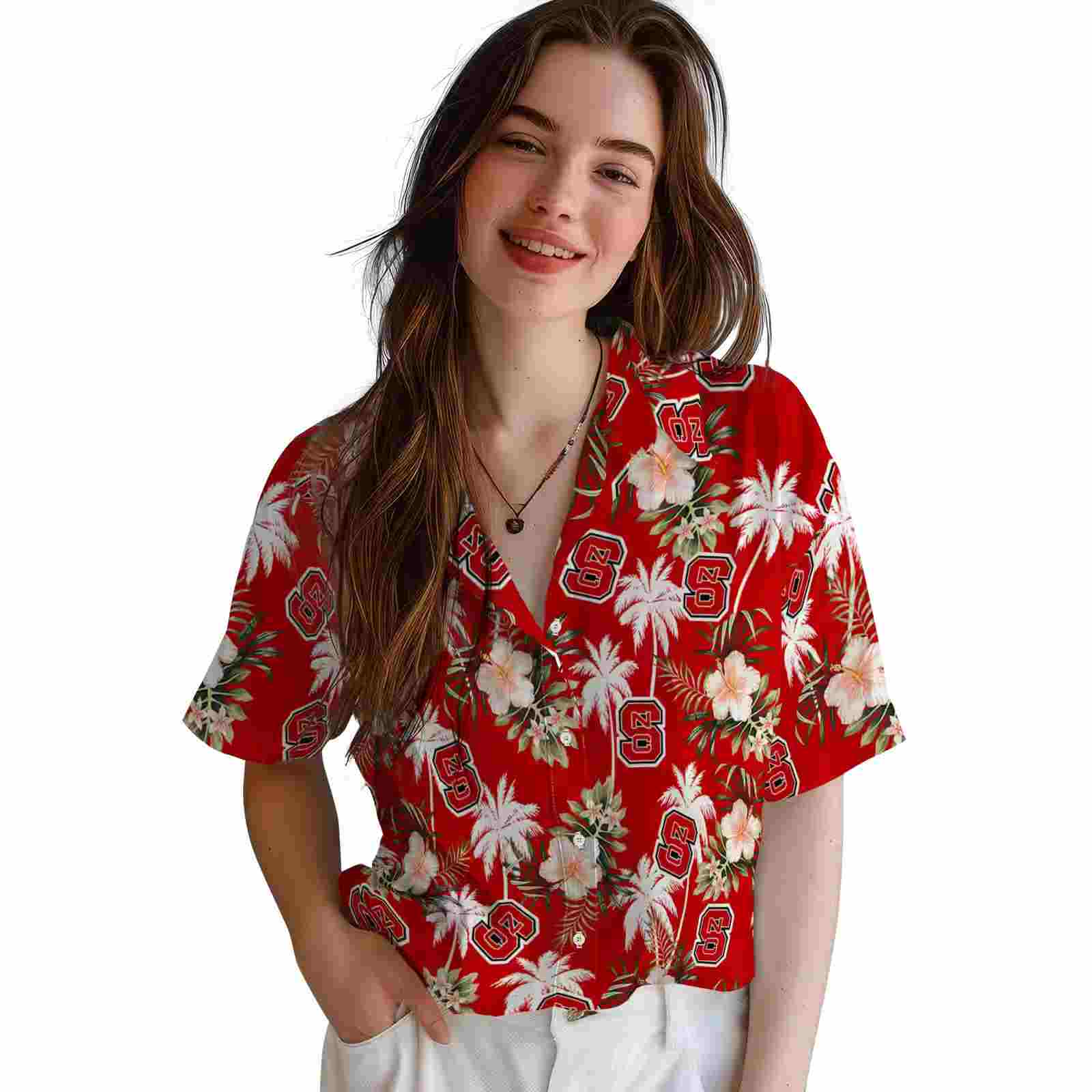 nc state wolfpack palm tree flower red hawaiian shirt latest model