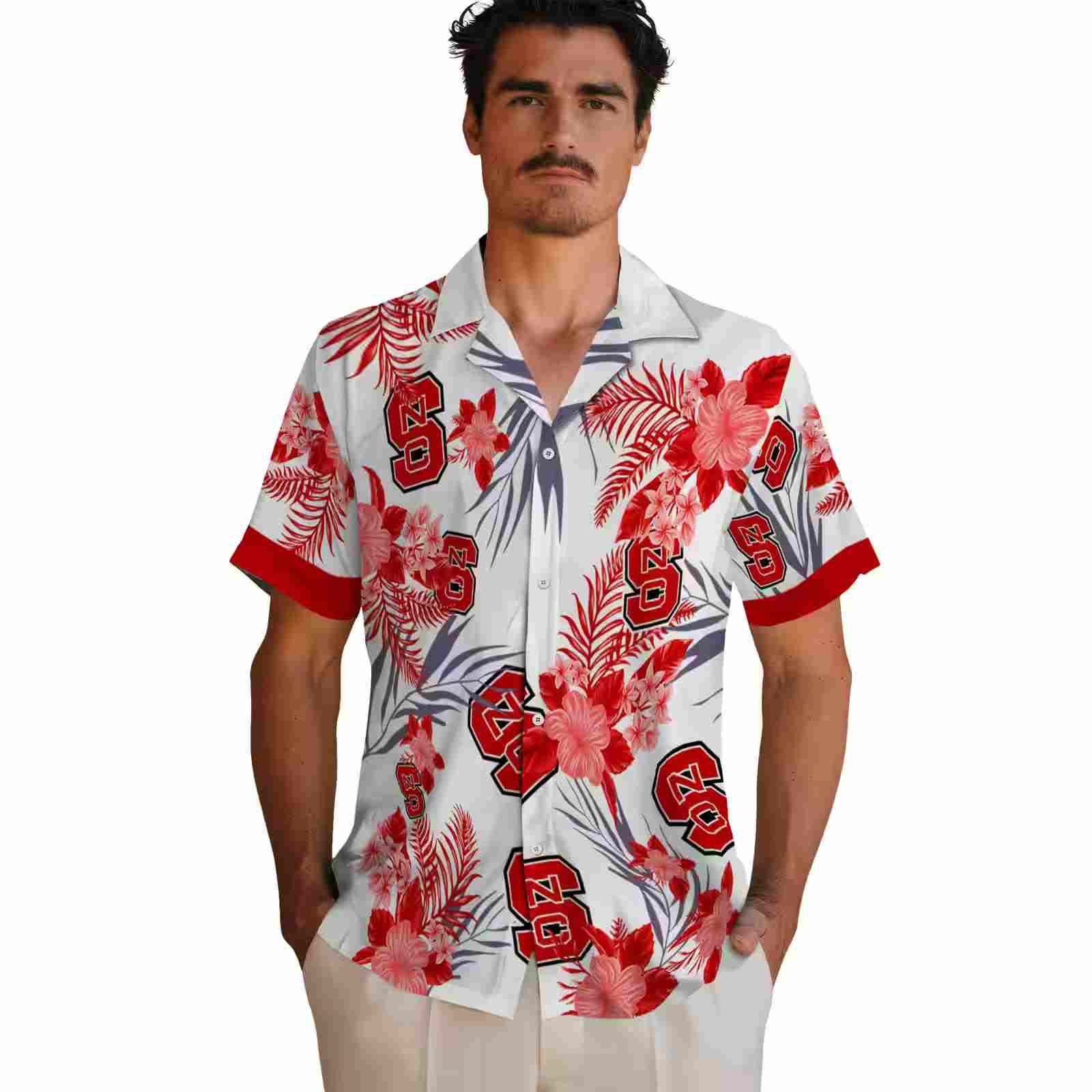 nc state wolfpack patriotic hibiscus design red white hawaiian shirt fashion forward