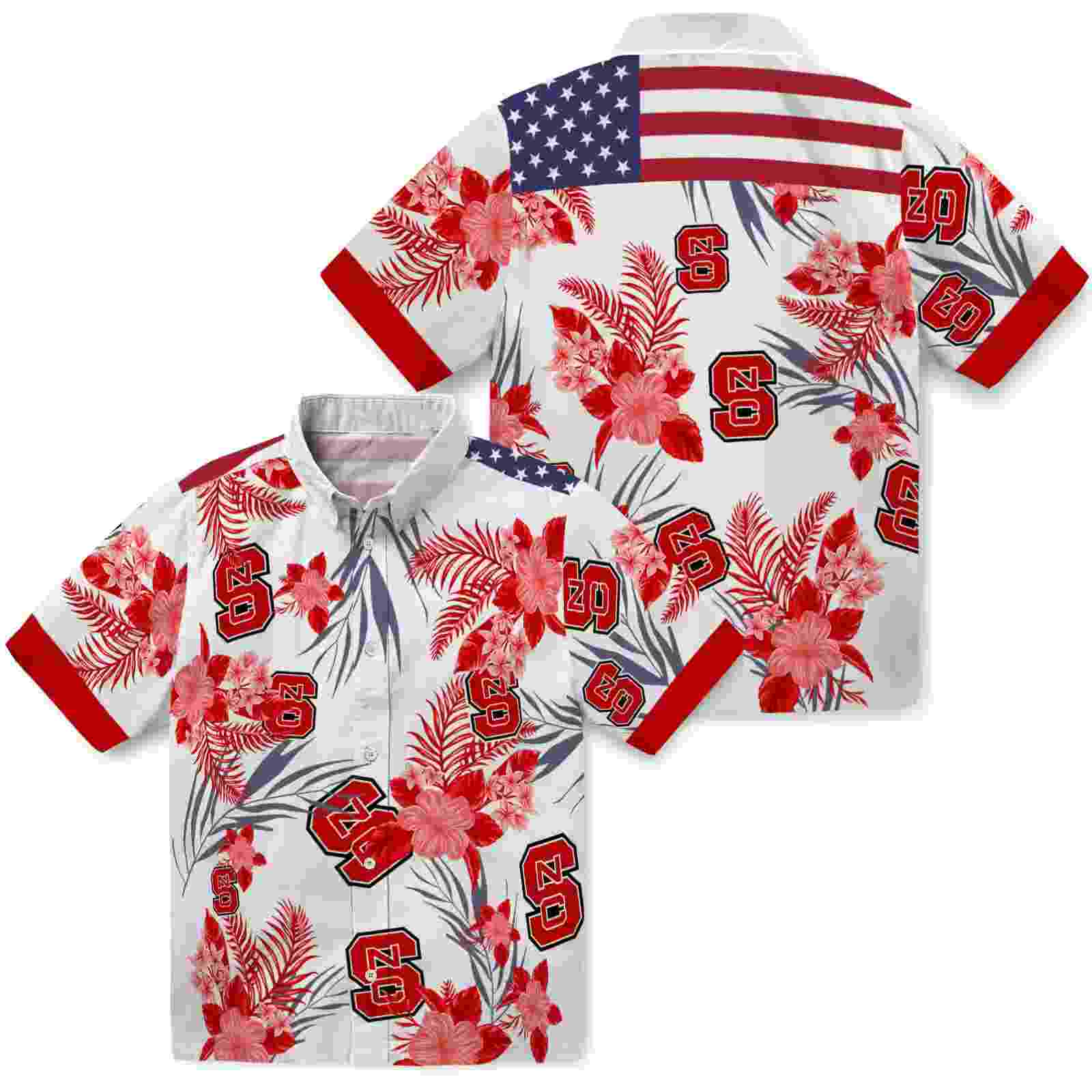 nc state wolfpack patriotic hibiscus design red white hawaiian shirt high quality