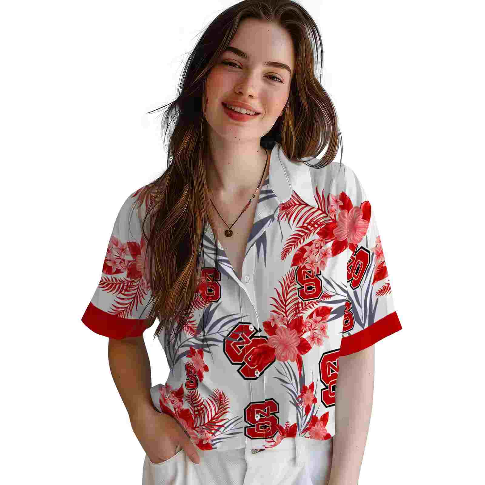 nc state wolfpack patriotic hibiscus design red white hawaiian shirt latest model