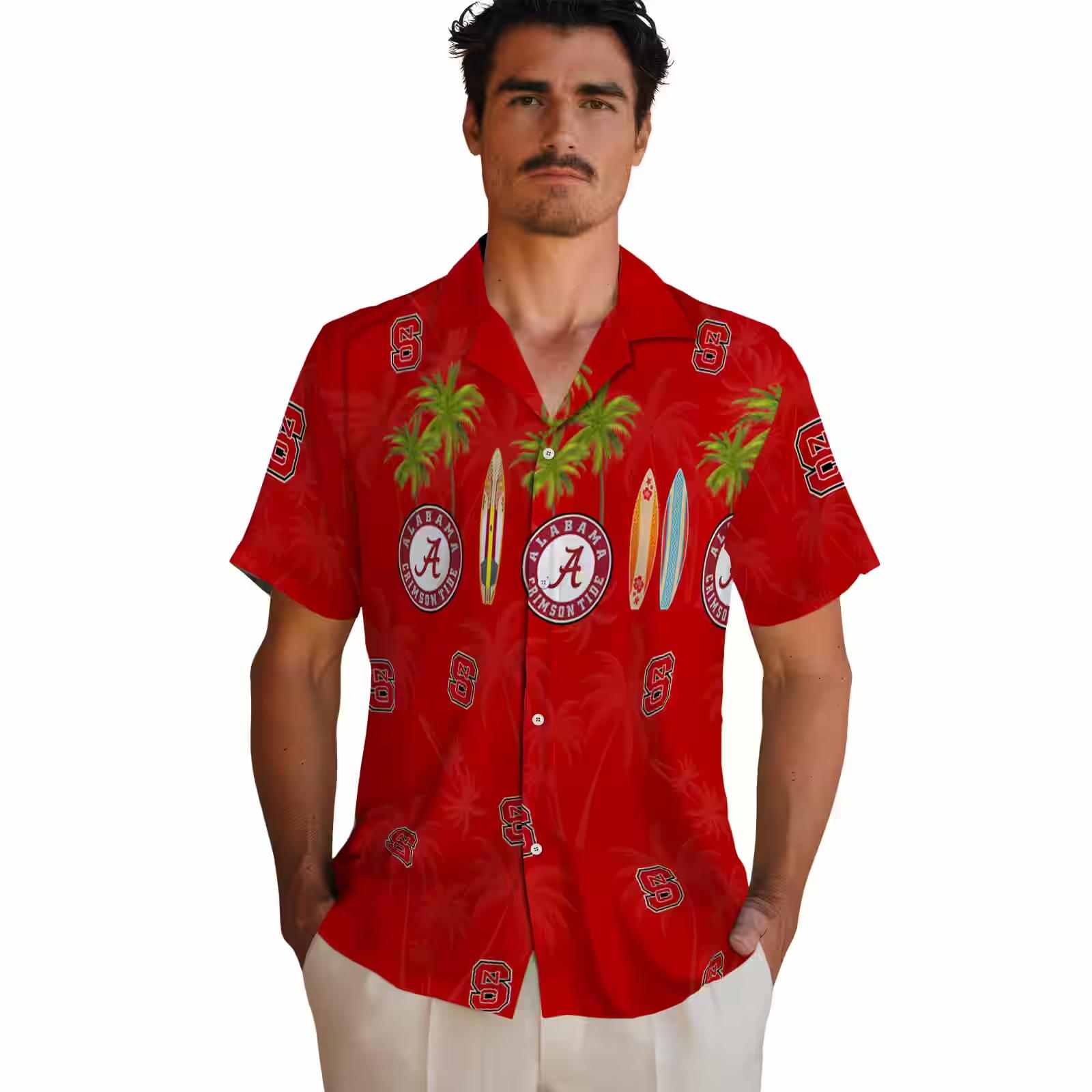 nc state wolfpack surfboard palm red hawaiian shirt fashion forward