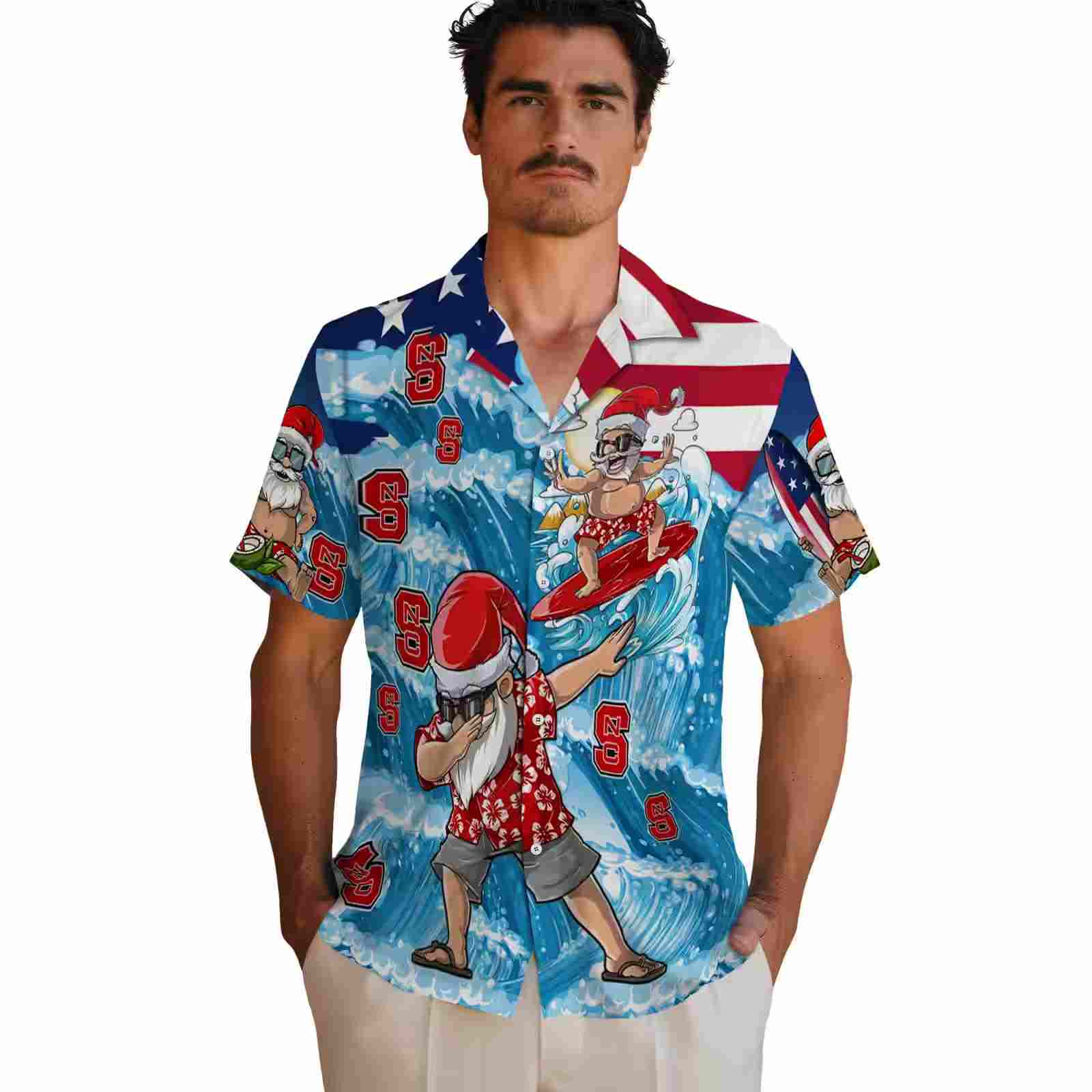 nc state wolfpack surfing santa blue hawaiian shirt fashion forward