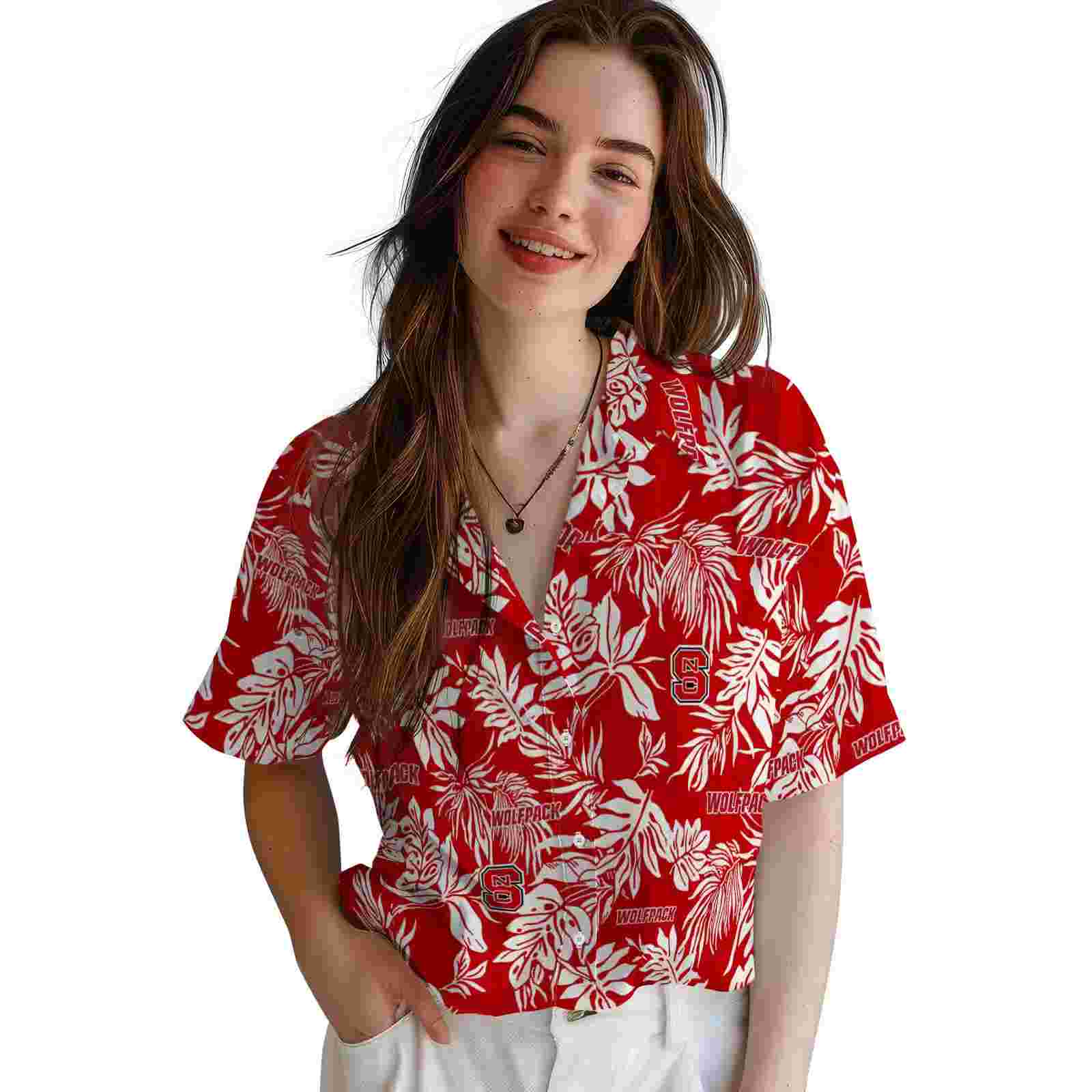 nc state wolfpack tropical leaf red white hawaiian shirt latest model