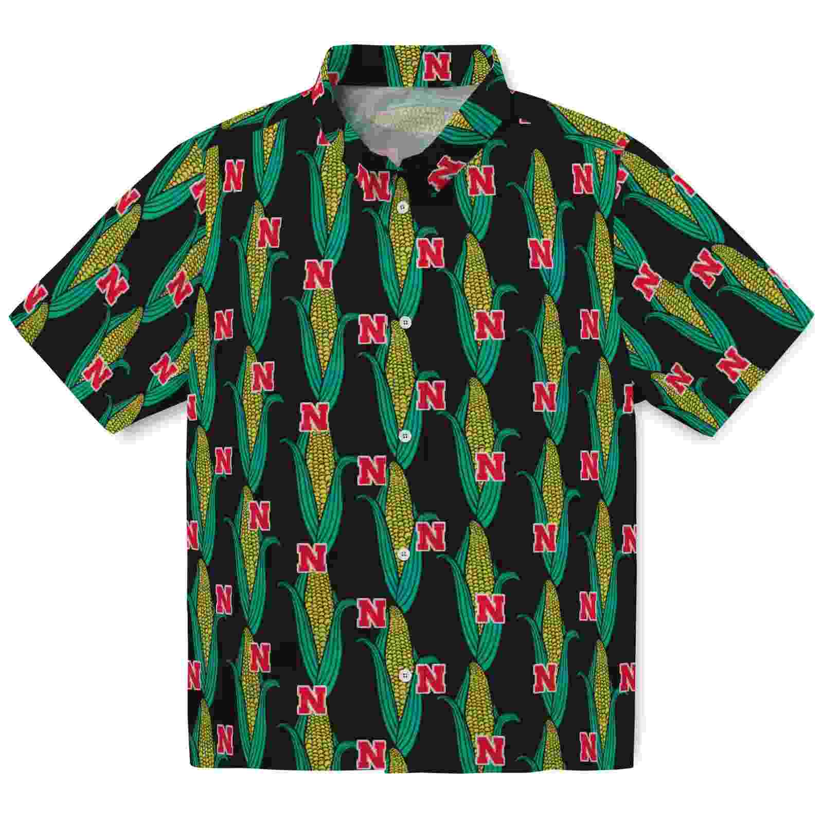 Nebraska Cornhuskers Corn Motifs Black Green Hawaiian Shirt