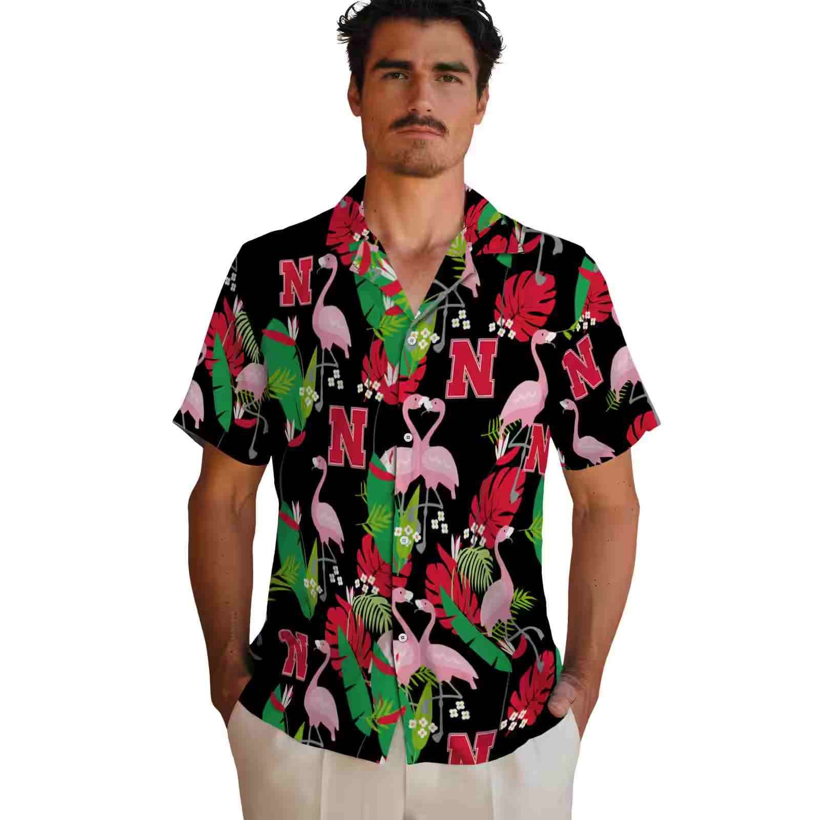 nebraska cornhuskers flamingo foliage red green hawaiian shirt fashion forward