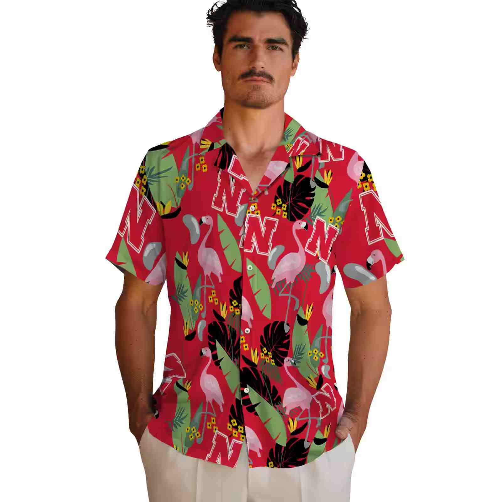 nebraska cornhuskers flamingo leaves red hawaiian shirt fashion forward