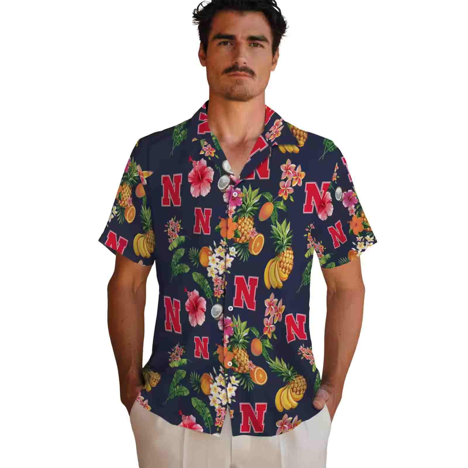 nebraska cornhuskers hibiscus and fruit navy blue hawaiian shirt fashion forward