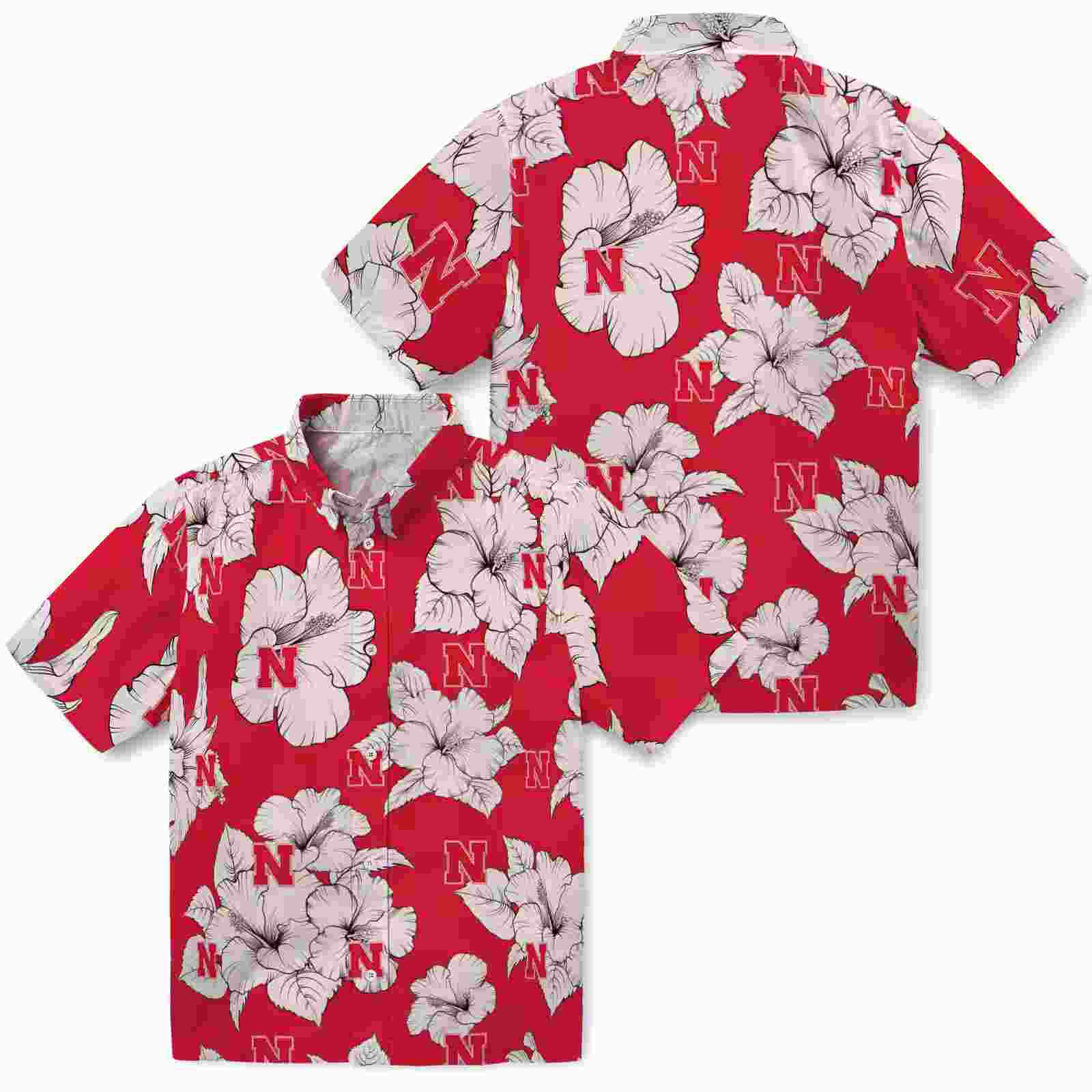 nebraska cornhuskers hibiscus blooms red white hawaiian shirt high quality