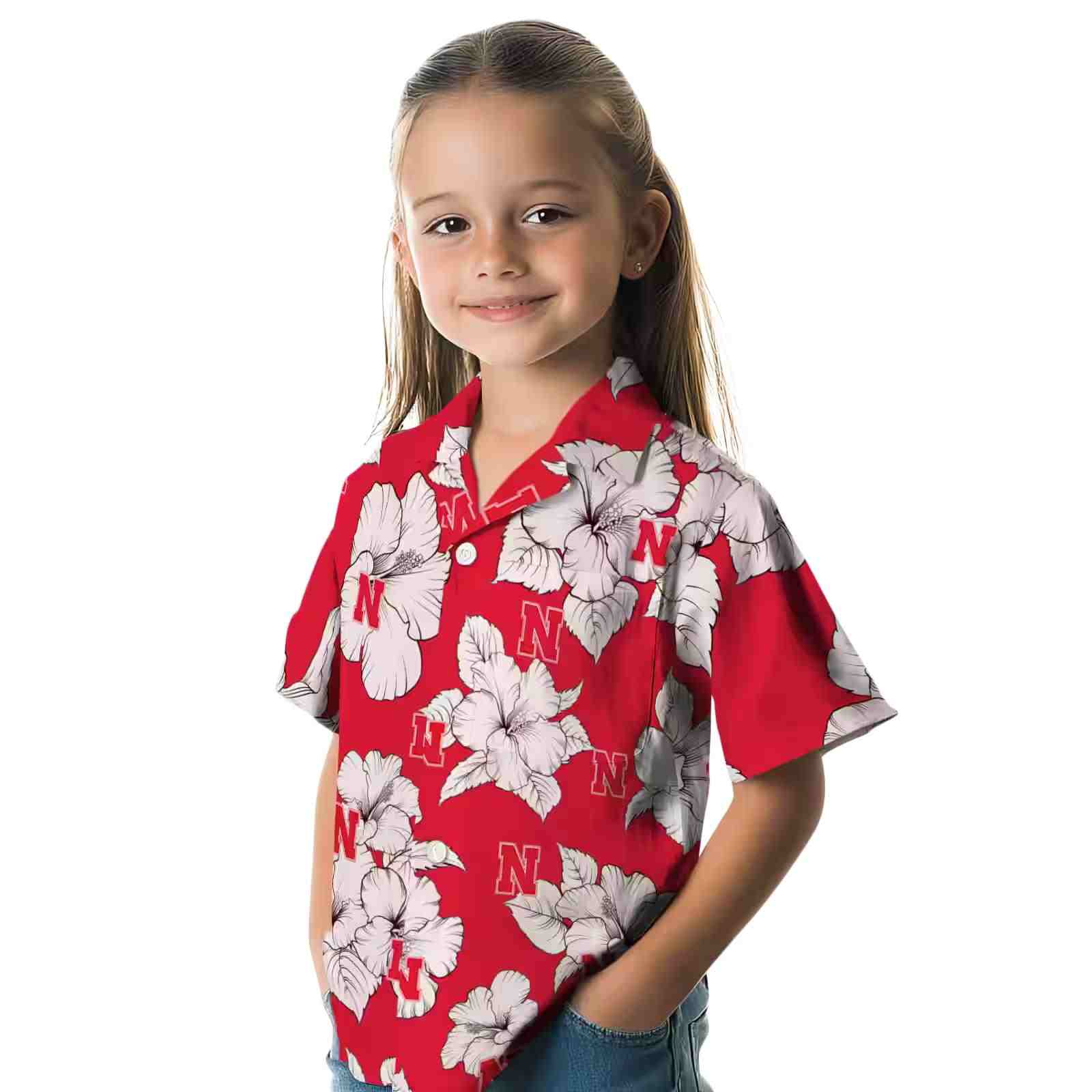 nebraska cornhuskers hibiscus blooms red white hawaiian shirt premium grade