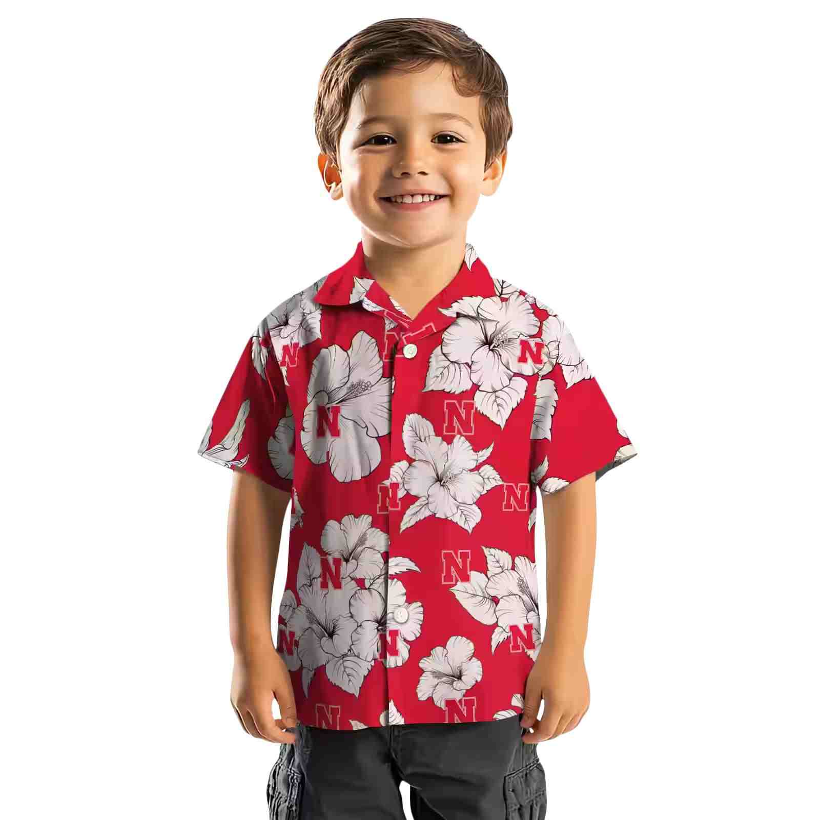 nebraska cornhuskers hibiscus blooms red white hawaiian shirt top rated