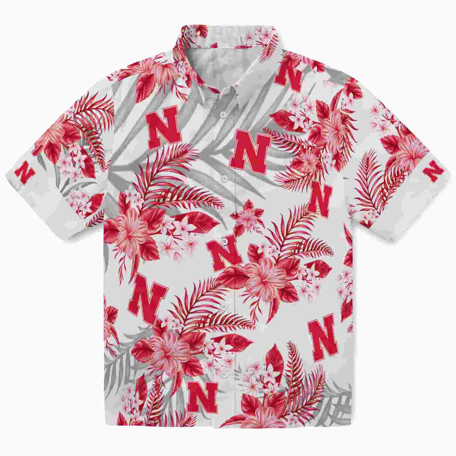 Nebraska Cornhuskers Hibiscus Palm Leaves Red White Hawaiian Shirt