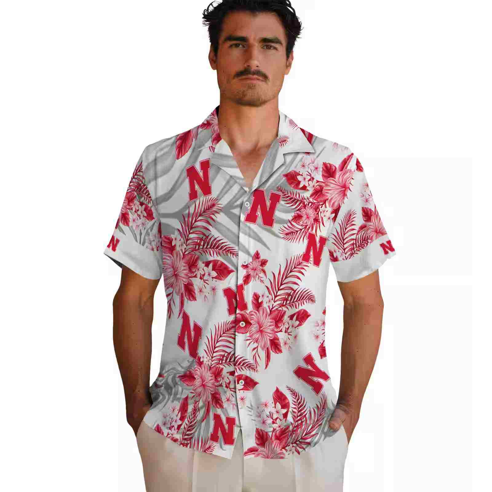 nebraska cornhuskers hibiscus palm leaves red white hawaiian shirt fashion forward