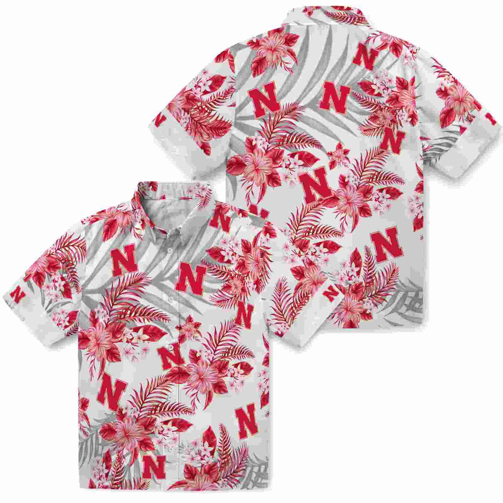 nebraska cornhuskers hibiscus palm leaves red white hawaiian shirt high quality