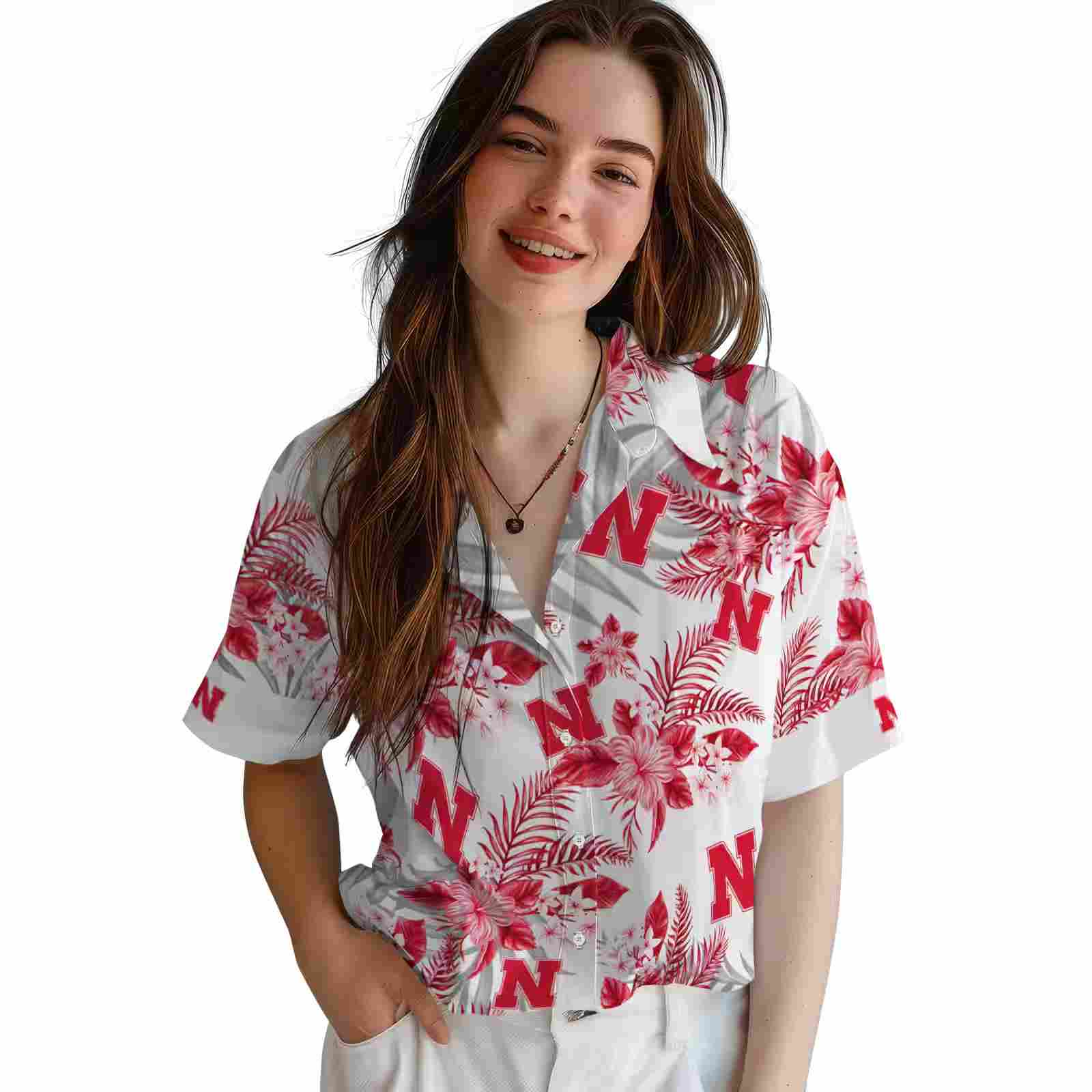 nebraska cornhuskers hibiscus palm leaves red white hawaiian shirt latest model