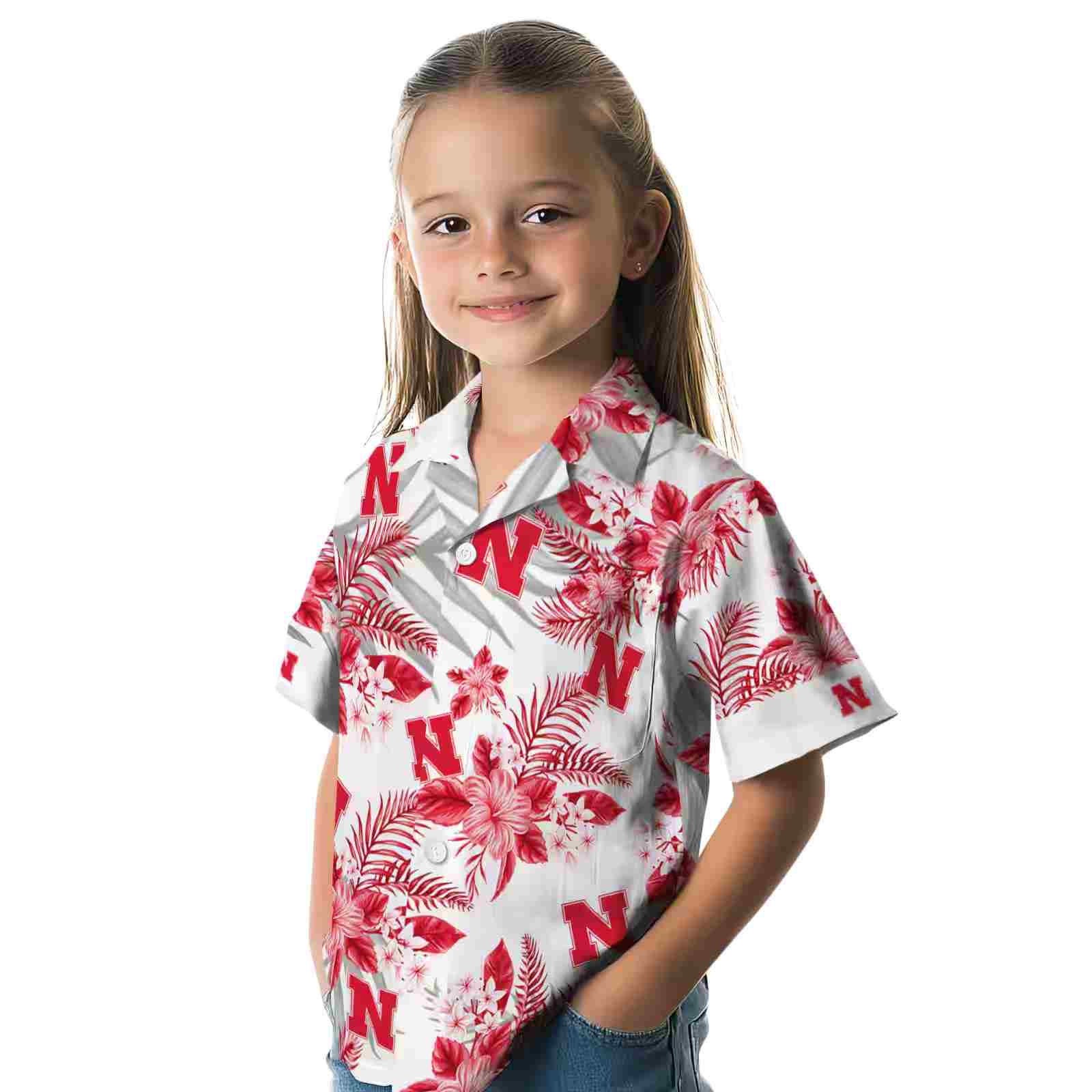 nebraska cornhuskers hibiscus palm leaves red white hawaiian shirt premium grade