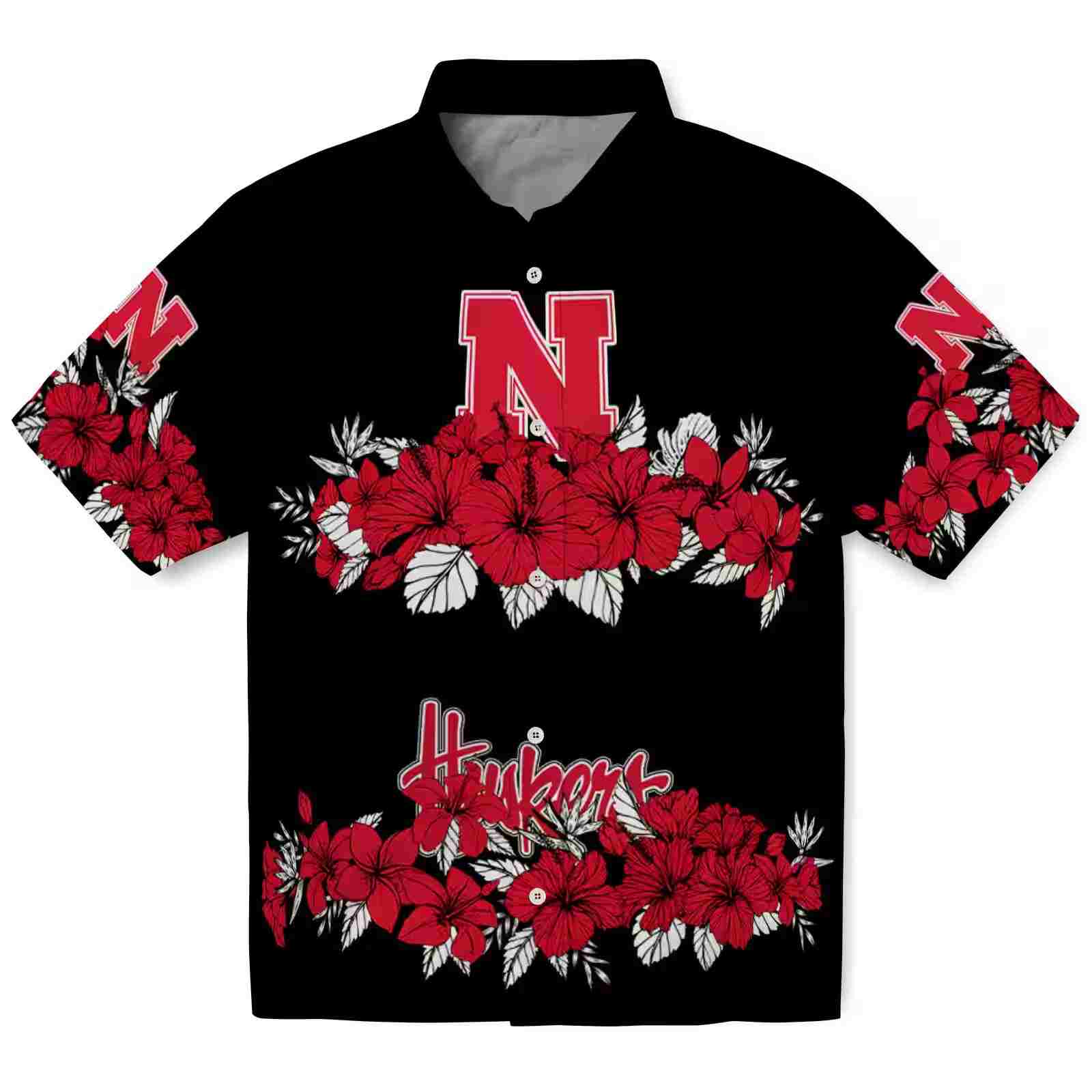 Nebraska Cornhuskers Hibiscus Stripe Red Black Hawaiian Shirt