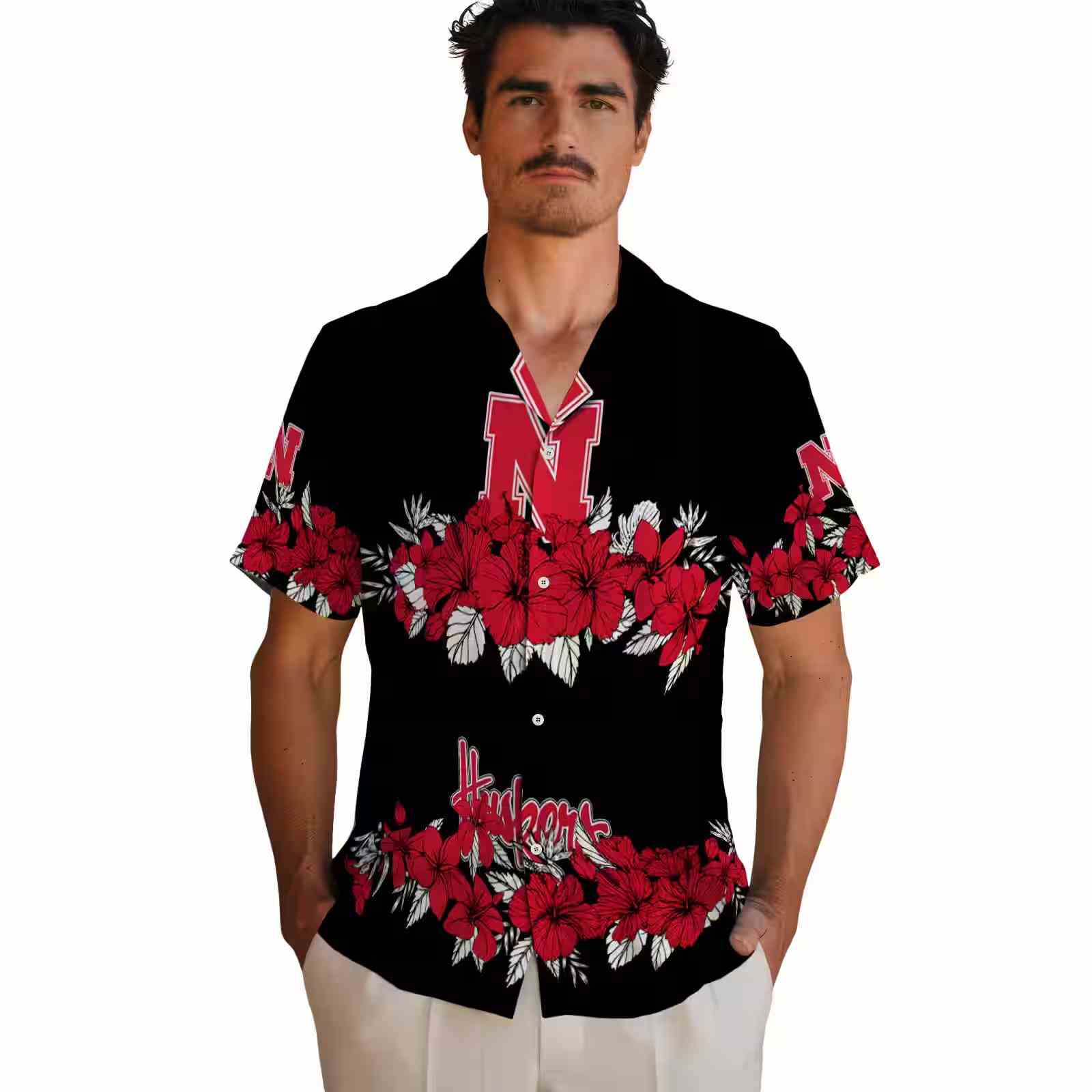 nebraska cornhuskers hibiscus stripe red black hawaiian shirt fashion forward