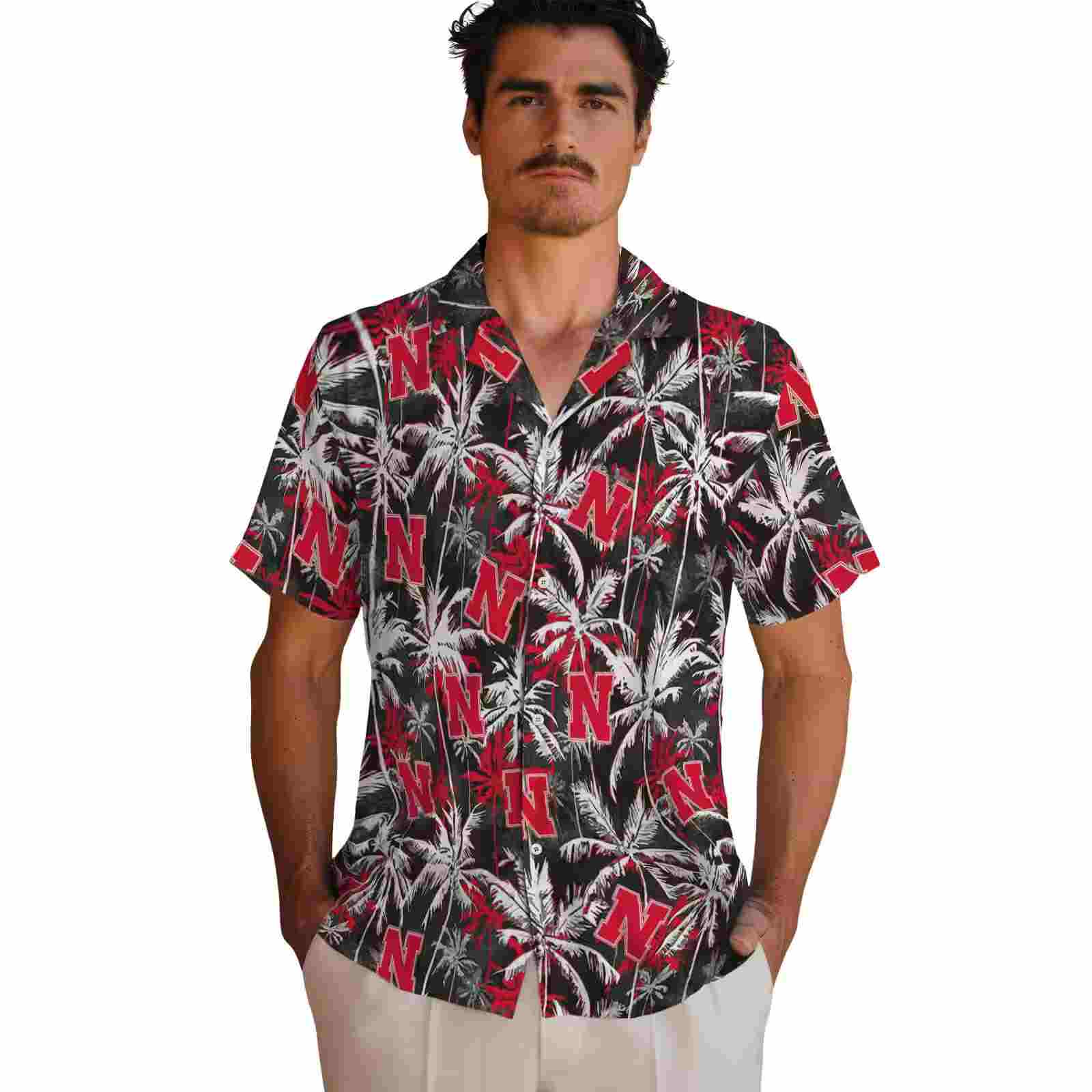 nebraska cornhuskers palm pattern red black hawaiian shirt fashion forward