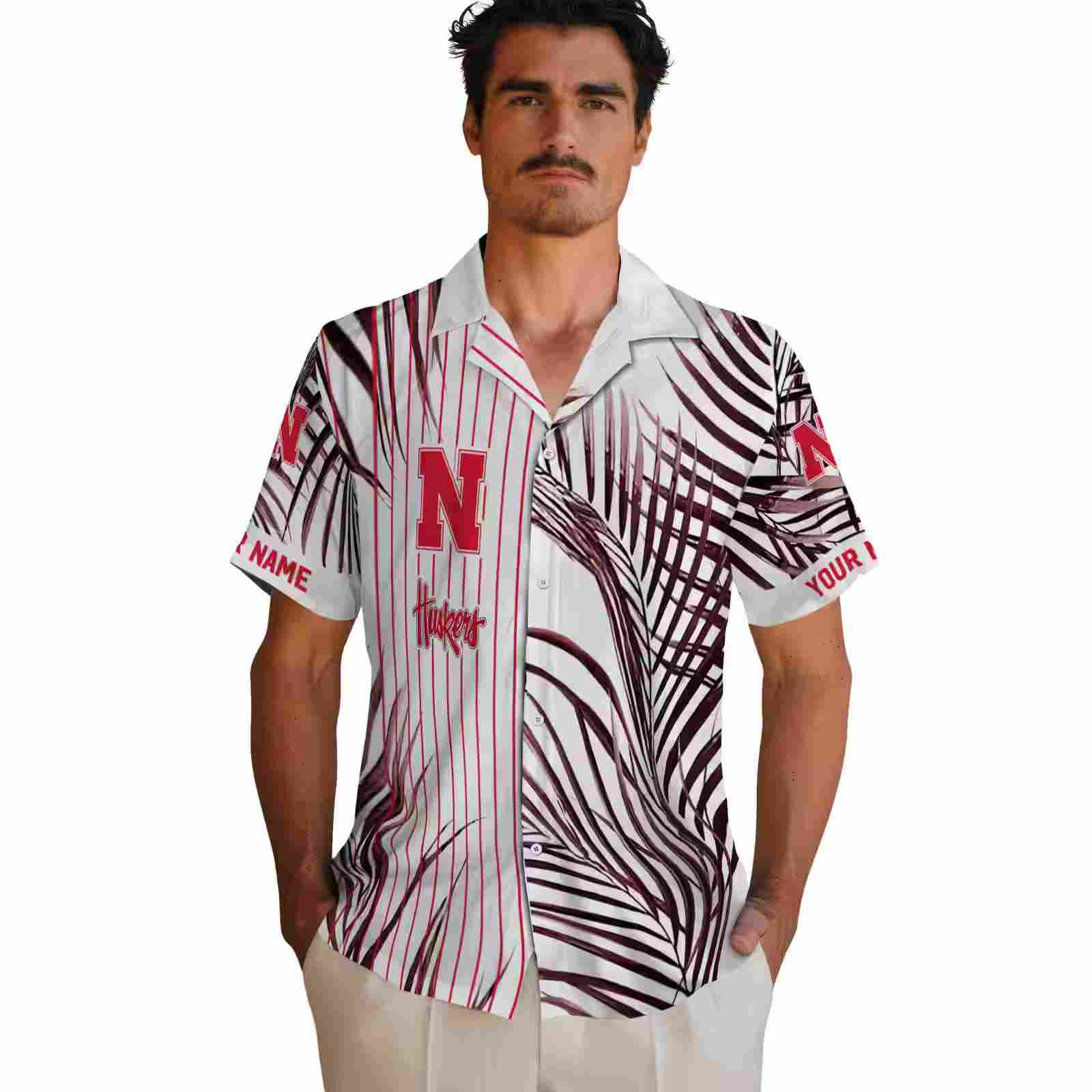 nebraska cornhuskers palm stripes red black white hawaiian shirt fashion forward