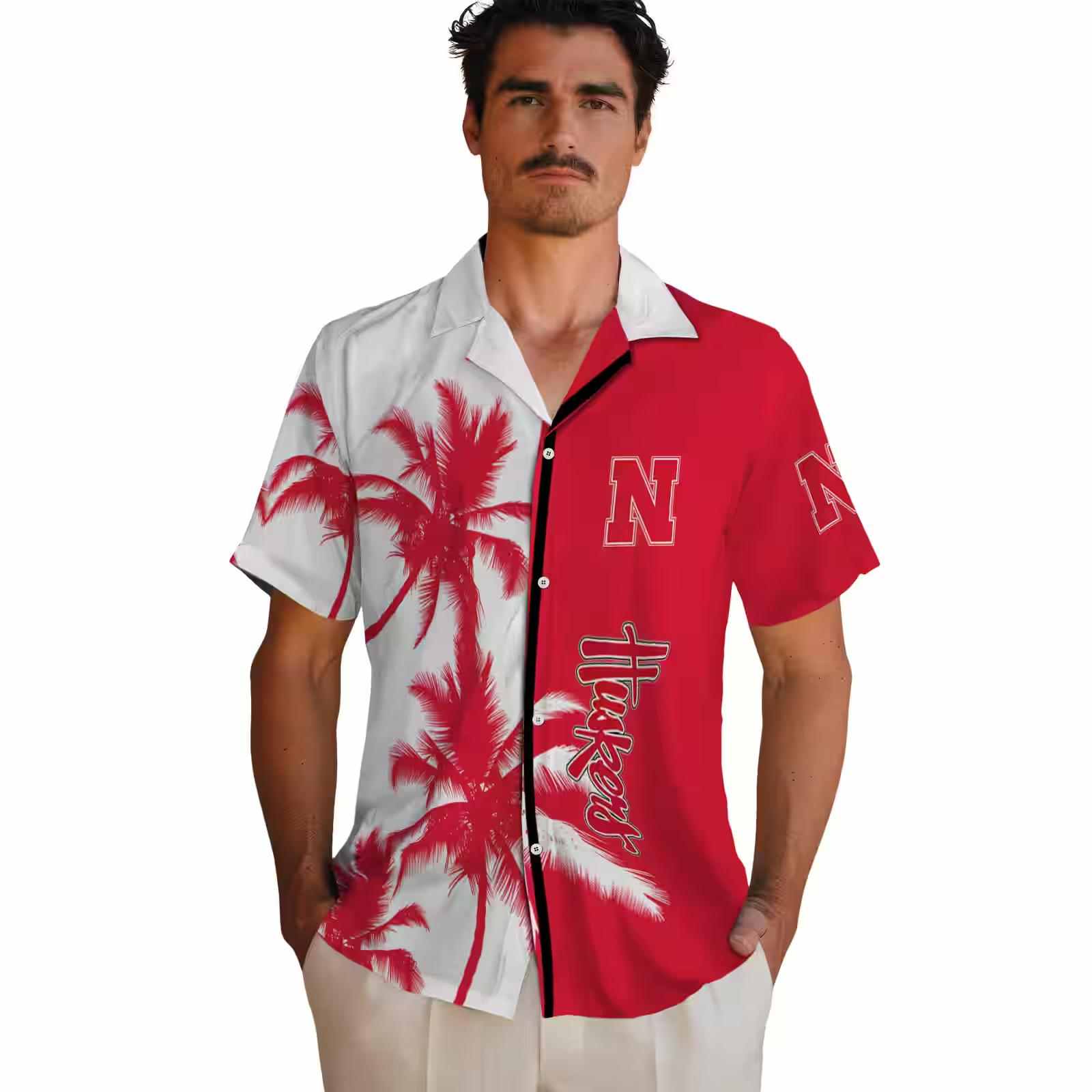 nebraska cornhuskers palm trees red white hawaiian shirt fashion forward