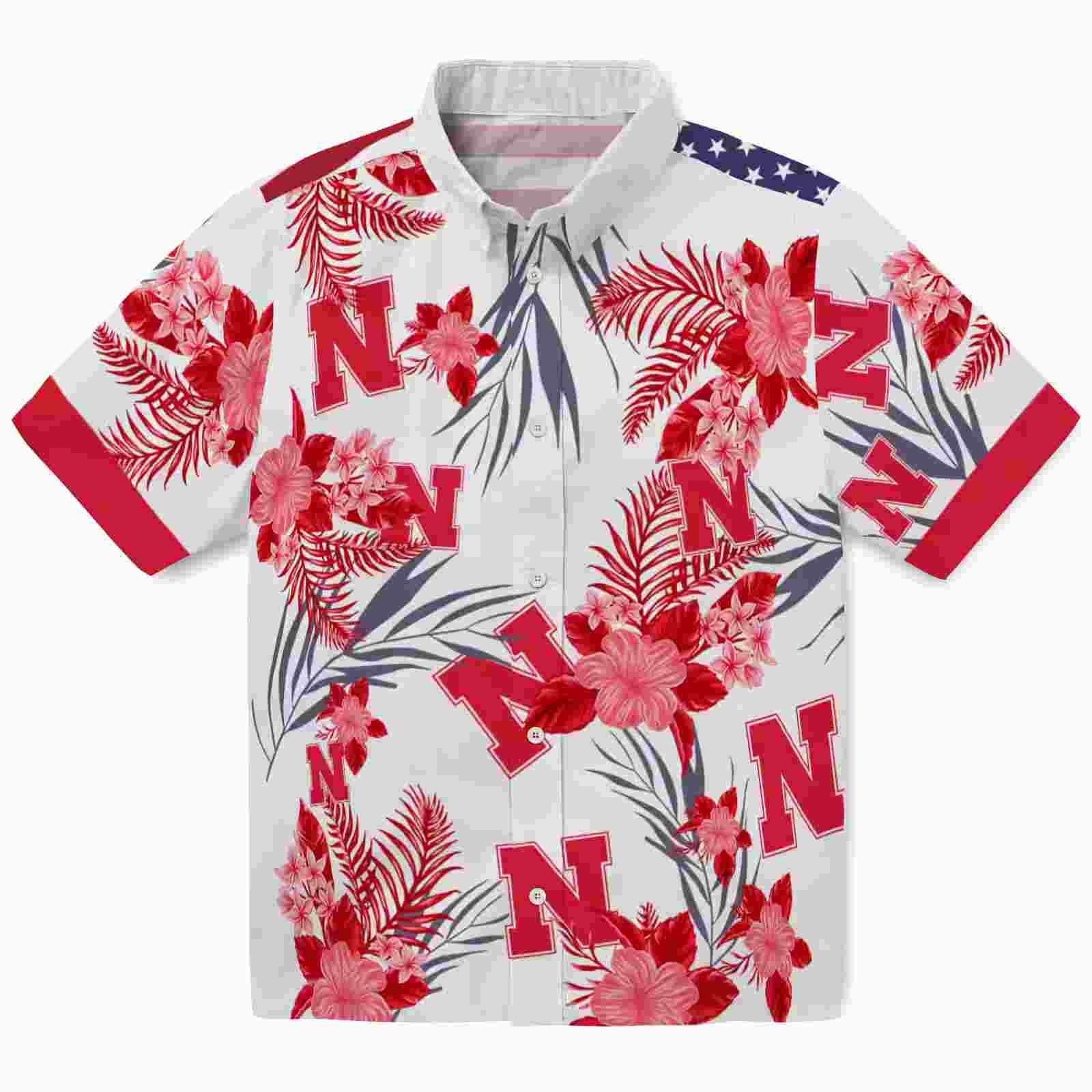 Nebraska Cornhuskers Patriotic Hibiscus Design Red White Hawaiian Shirt