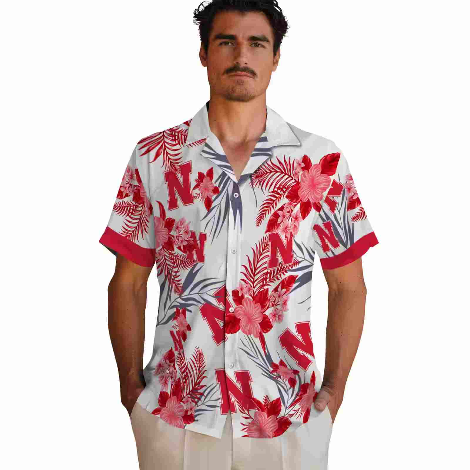 nebraska cornhuskers patriotic hibiscus design red white hawaiian shirt fashion forward