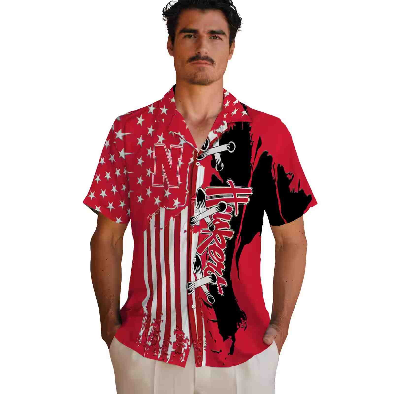 nebraska cornhuskers stitched flag red hawaiian shirt fashion forward