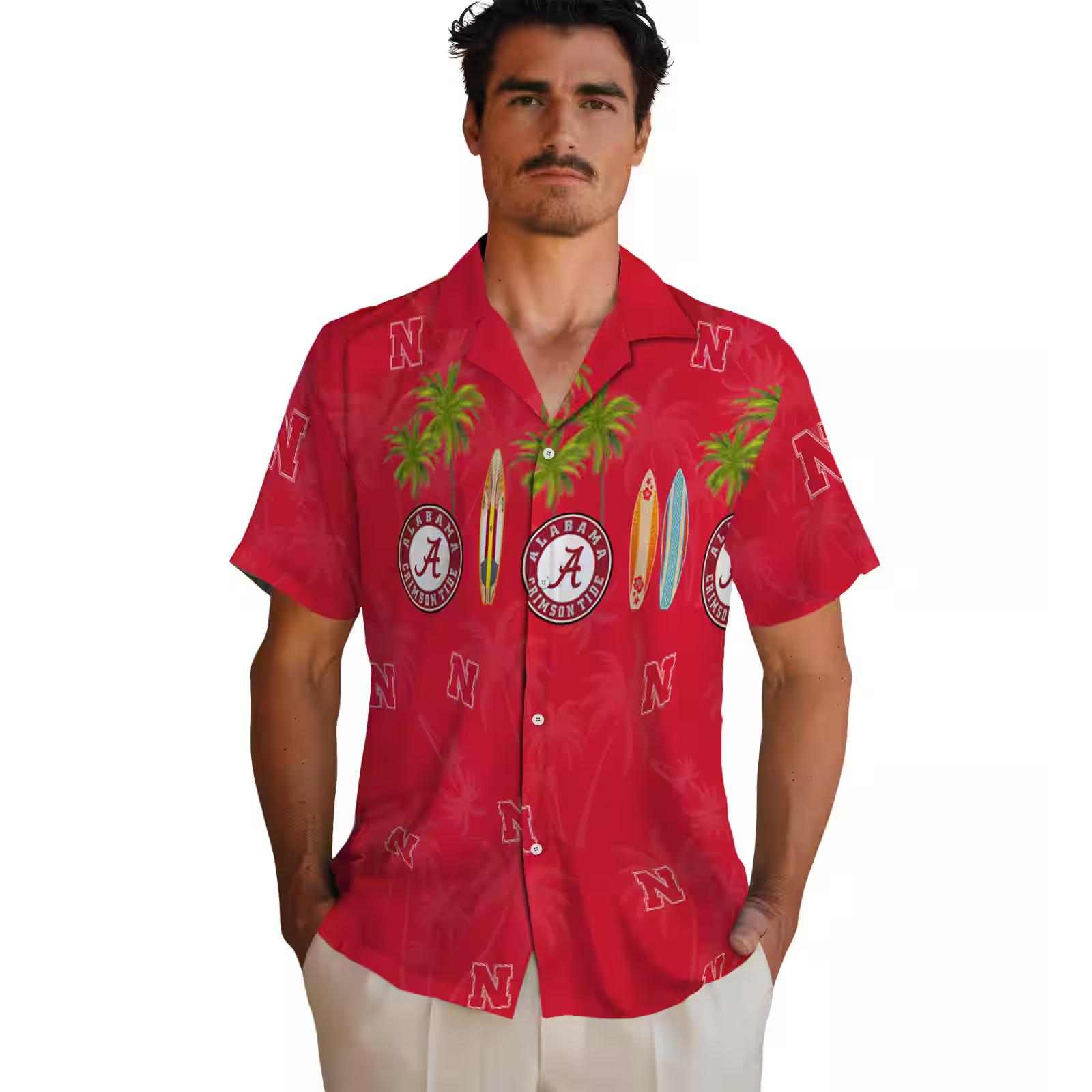 nebraska cornhuskers surfboard palm red hawaiian shirt fashion forward