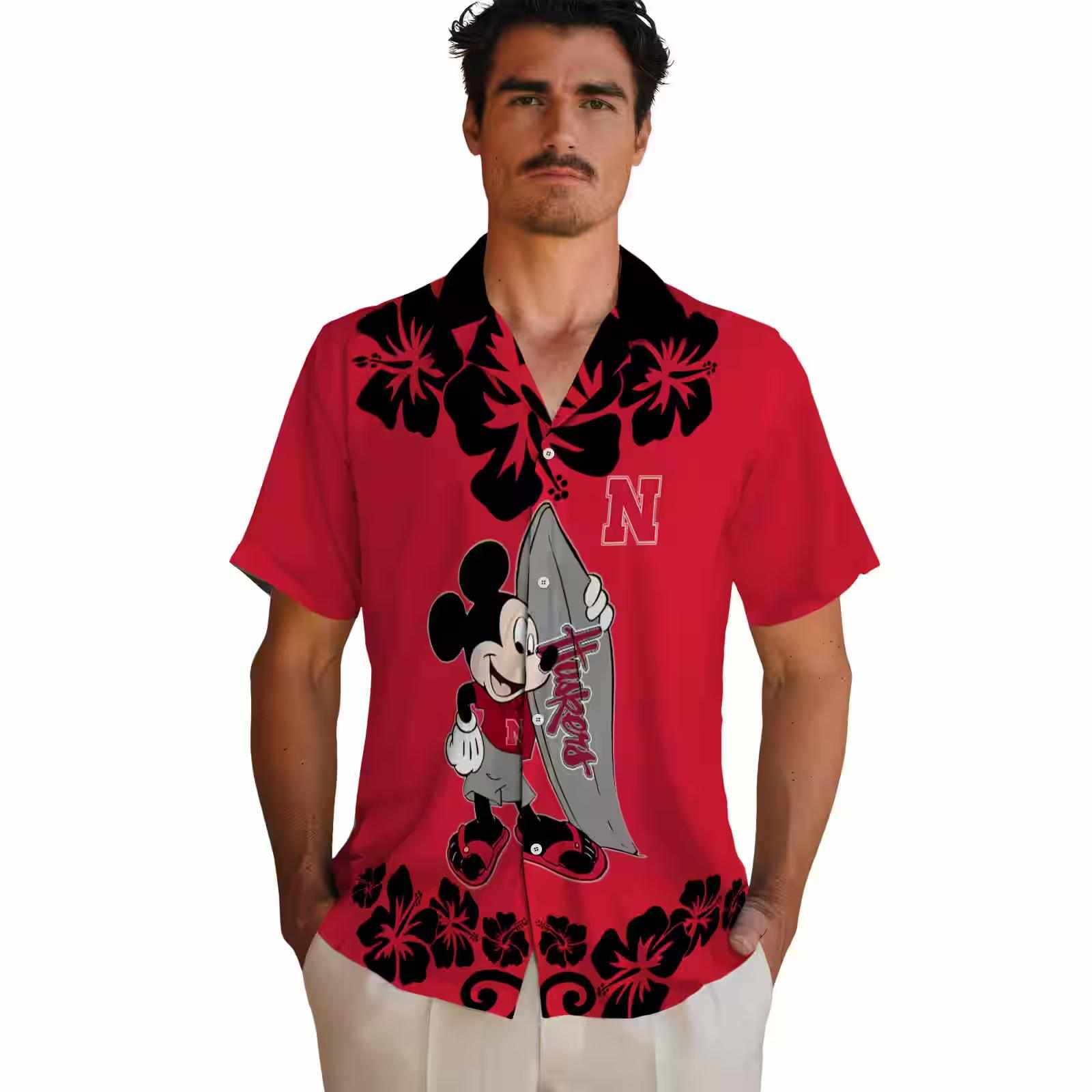 nebraska cornhuskers surfing mickey red hawaiian shirt fashion forward